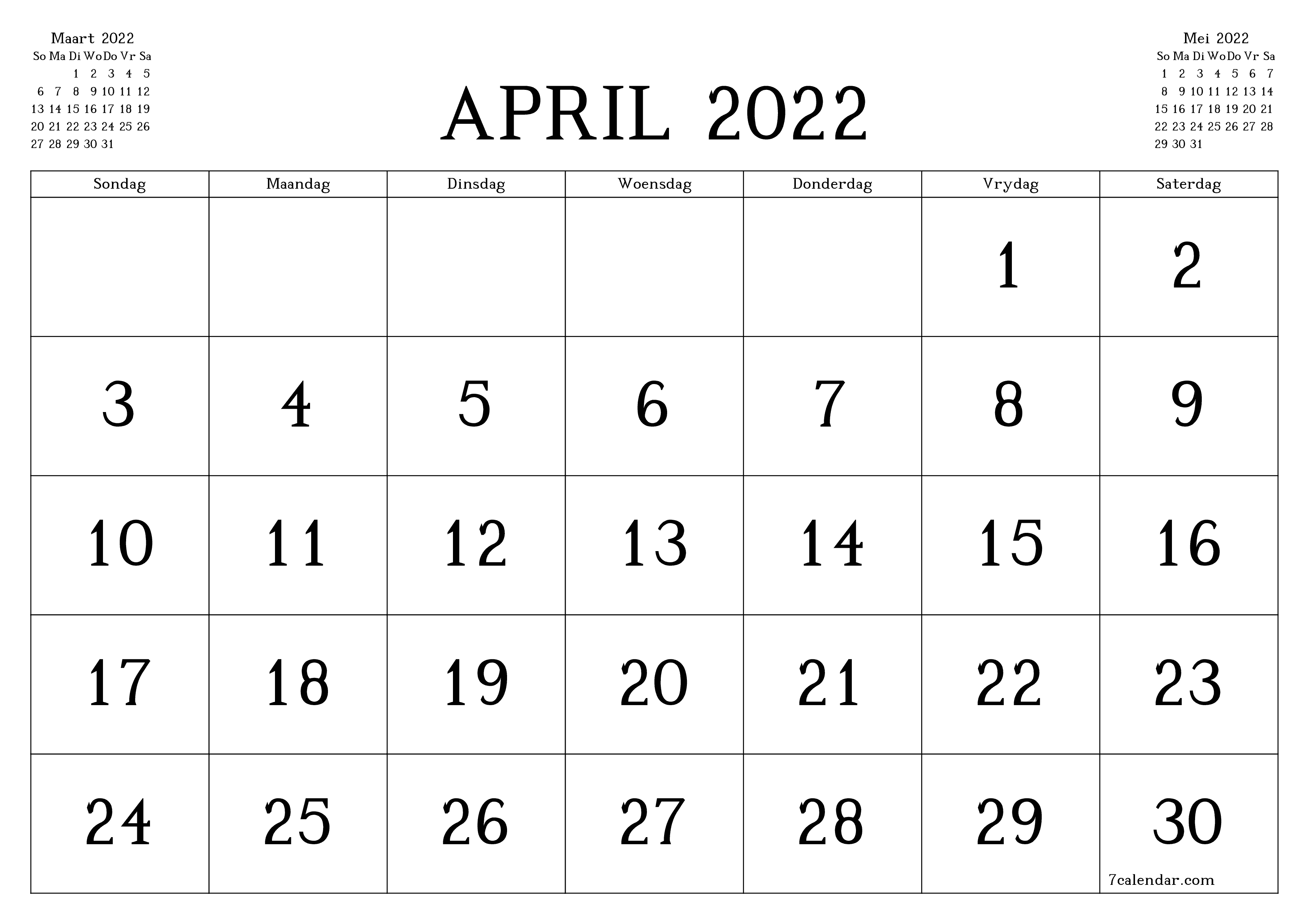 Leë maandelikse drukbare kalender en beplanner vir maand April 2022 met notas stoor en druk na PDF PNG Afrikaans