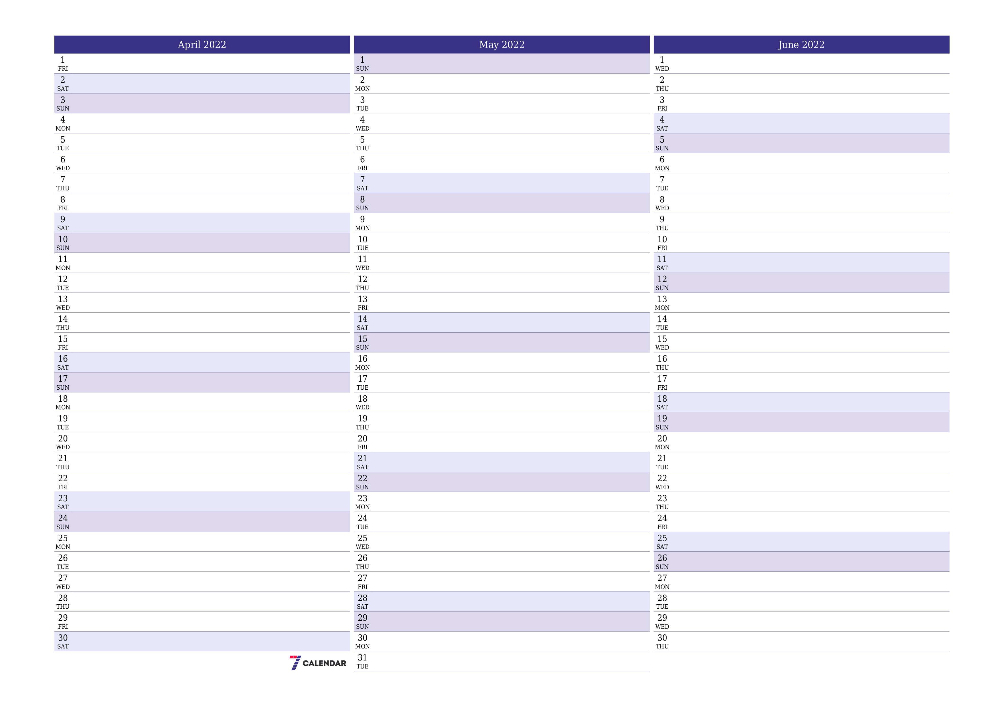 Blank calendar April 2022