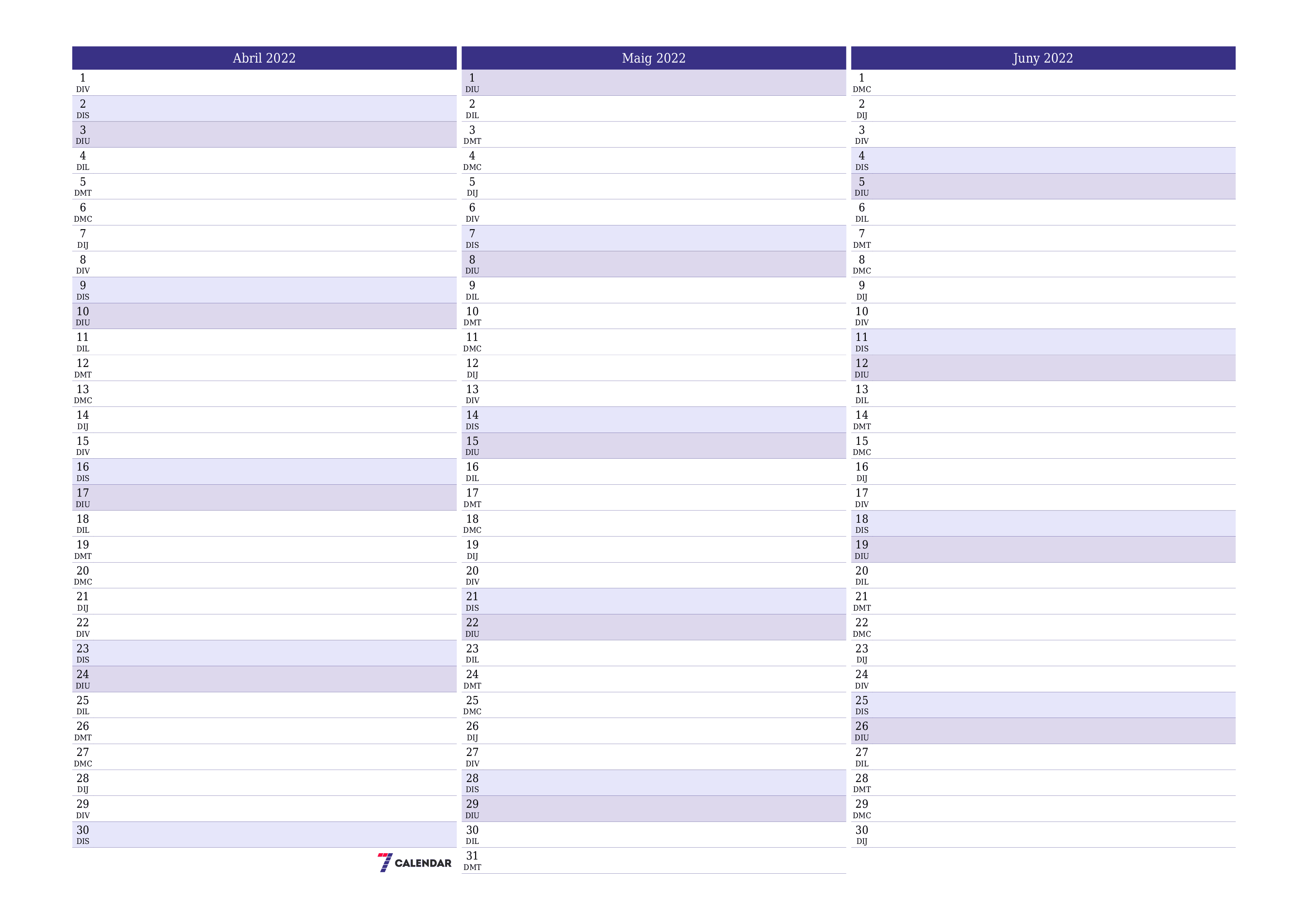  imprimible de paret plantilla de gratuïthoritzontal Mensual planificador calendari Abril (Abr) 2022