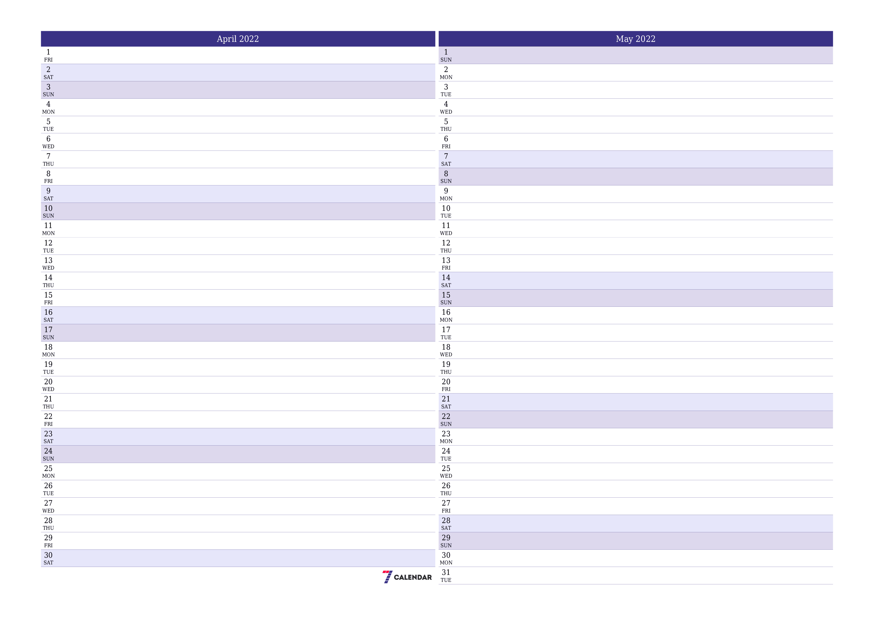 Blank calendar April 2022