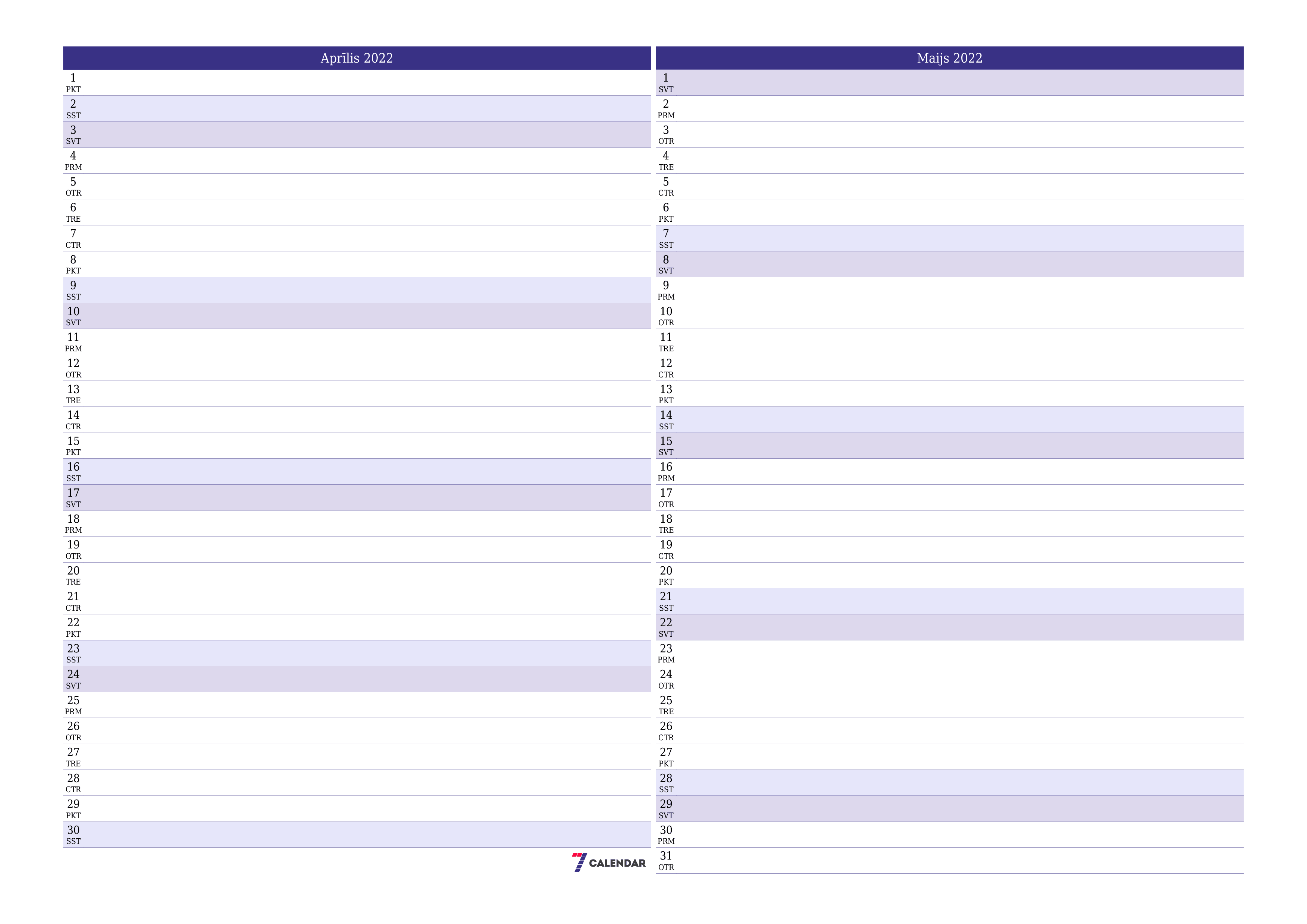 Iztukšot mēneša plānotāju mēnesim Aprīlis 2022 ar piezīmēm, saglabāt un izdrukāt PDF formātā PNG Latvian