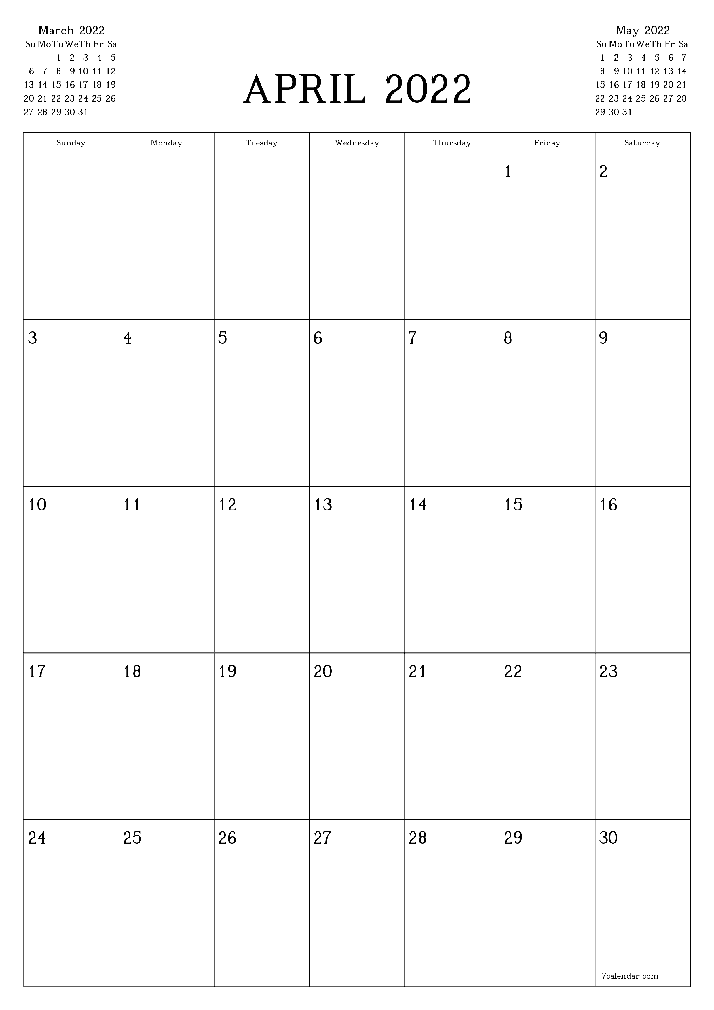 Blank monthly printable calendar and planner for month April 2022 with notes save and print to PDF PNG English - 7calendar.com