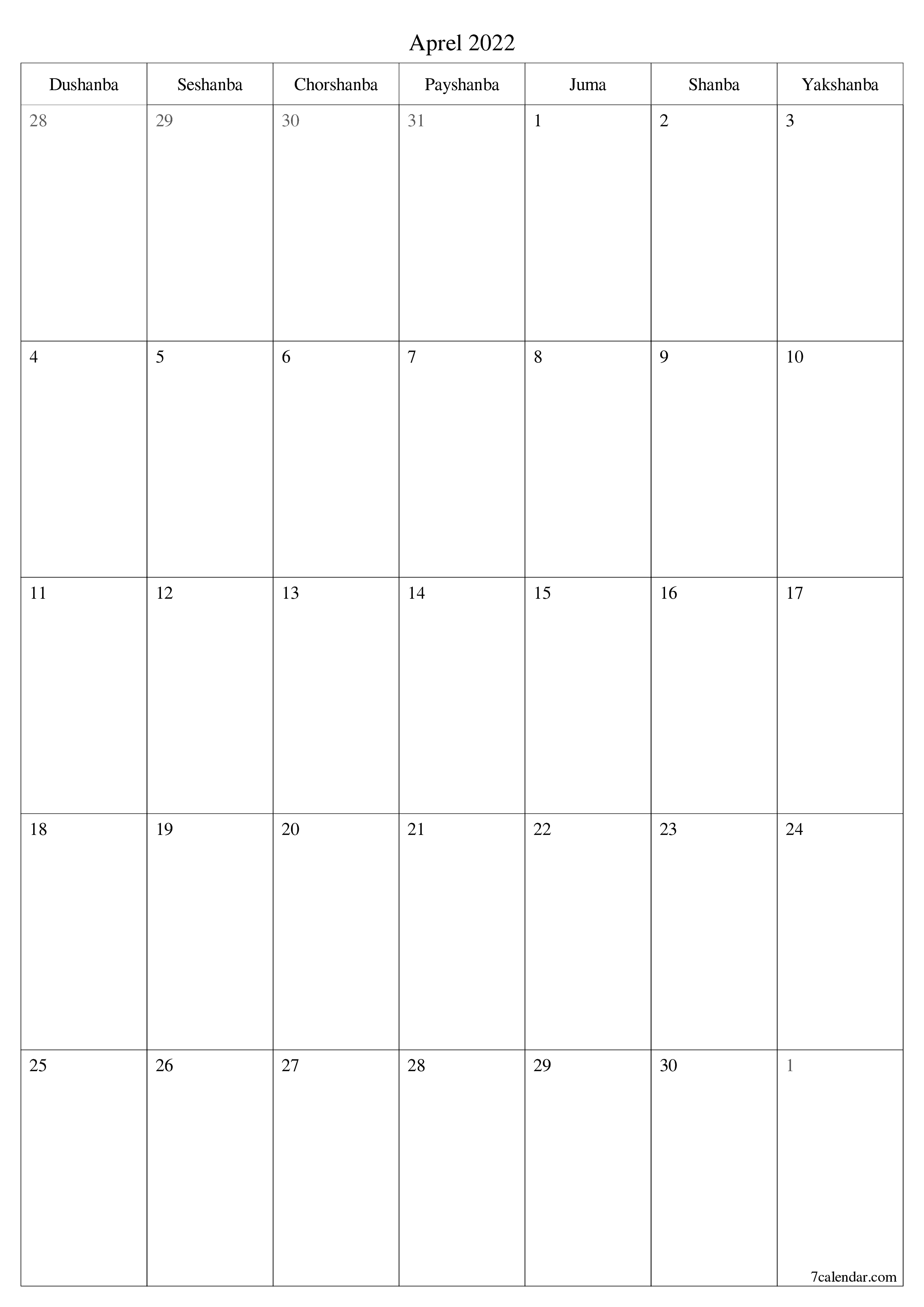 Aprel 2022 oylik oylik rejalashtiruvchini yozuvlar bilan bo'shatish, saqlash va PDF-ga chop etish PNG Uzbek