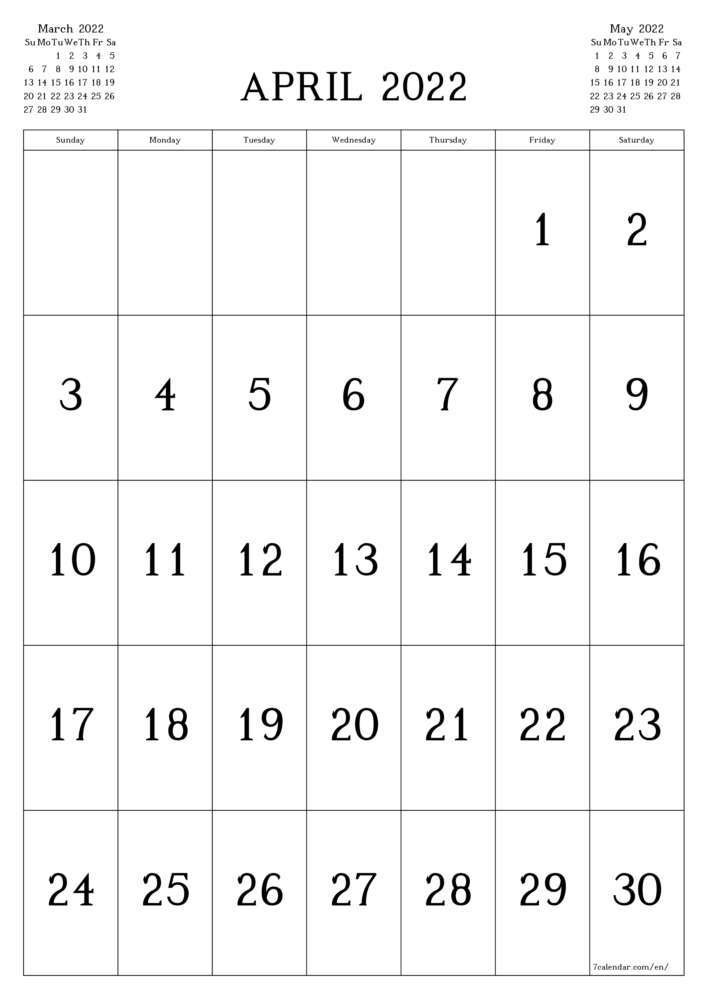Blank monthly dated HD template image of calendar for month April 2022 save and print to PDF PNG English - 7calendar.com