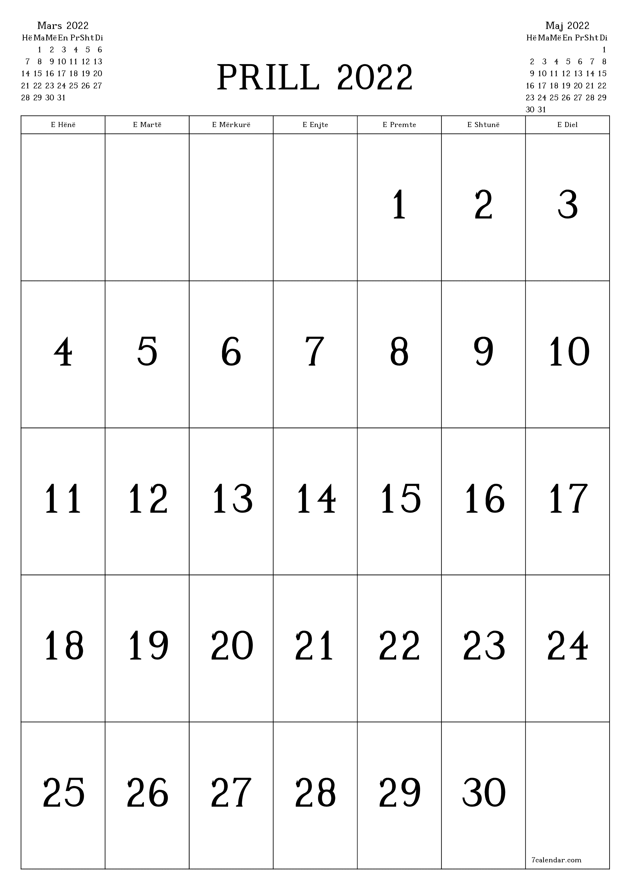 Kalendari bosh mujor për muajin Prill 2022 ruaj dhe printo në PDF PNG Albanian - 7calendar.com