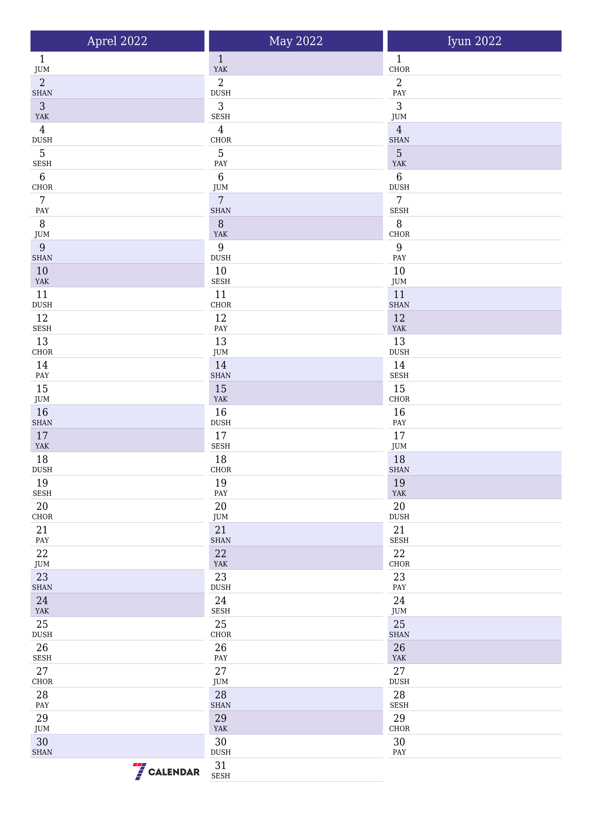 Aprel 2022 oylik oylik rejalashtiruvchini yozuvlar bilan bo'shatish, saqlash va PDF-ga chop etish PNG Uzbek