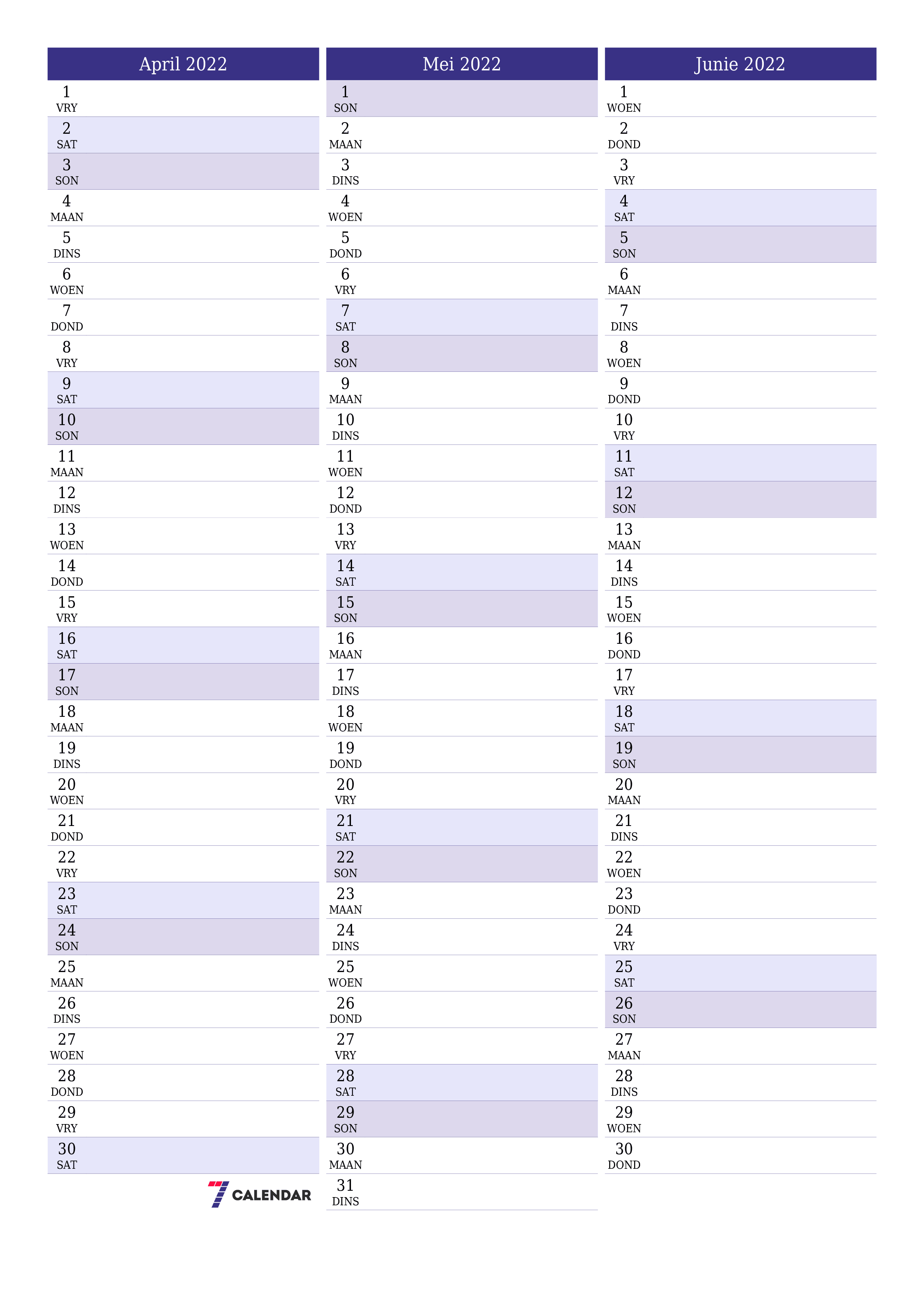 Leë maandelikse drukbare kalender en beplanner vir maand April 2022 met notas stoor en druk na PDF PNG Afrikaans