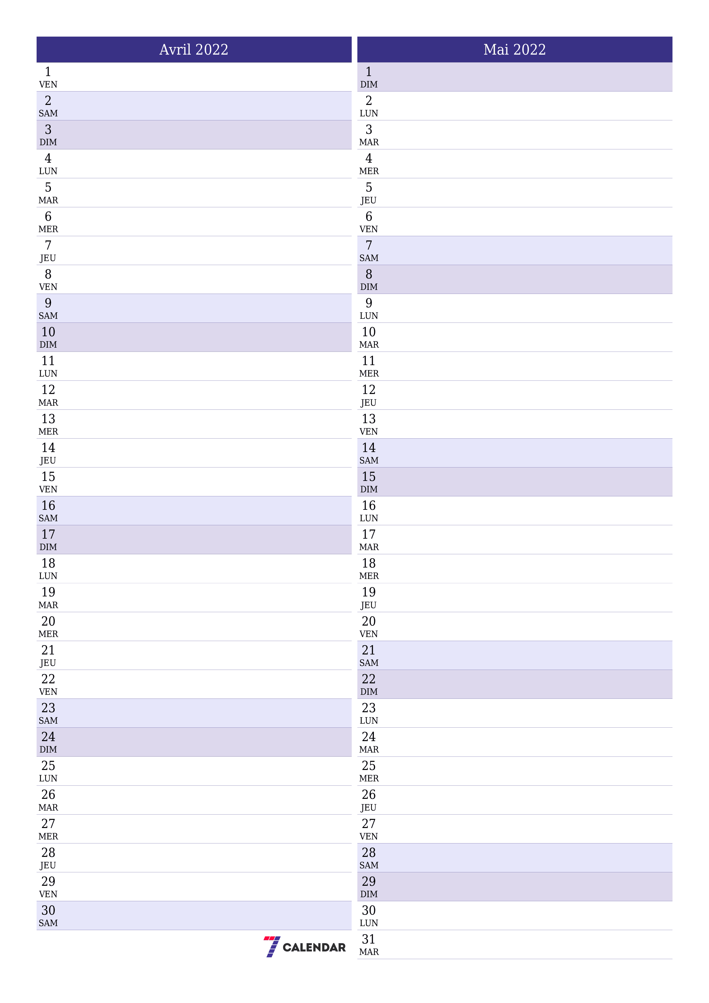 Agenda mensuel vide pour le mois Avril 2022 avec notes, enregistrez et imprimez au format PDF PNG French