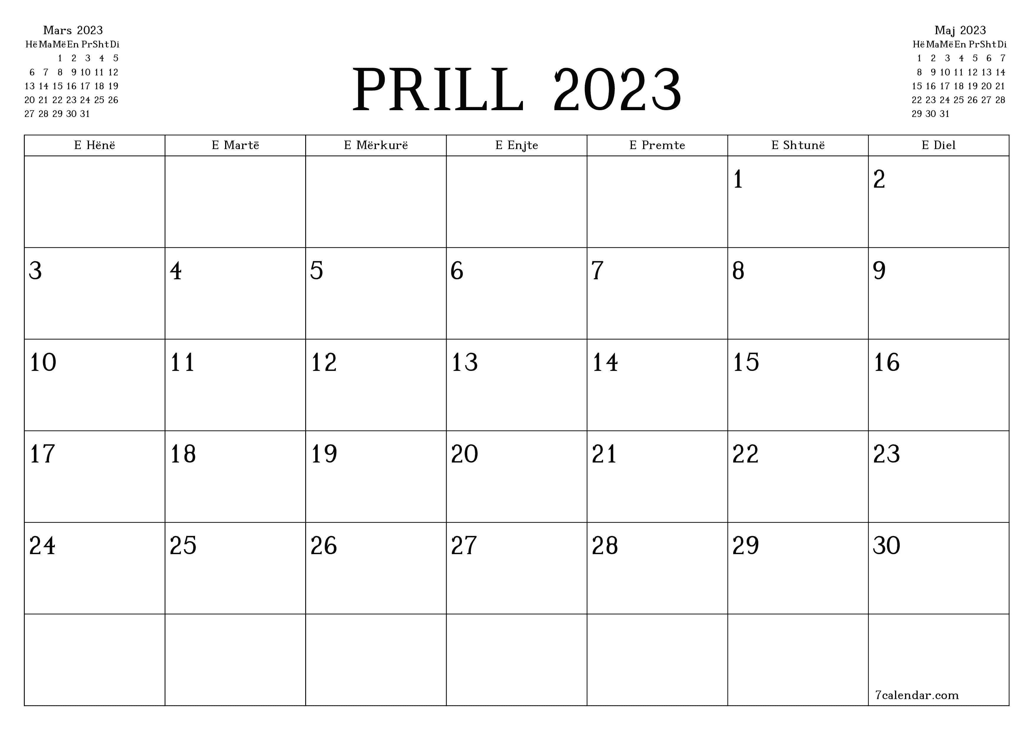 Planifikuesi i zbrazët i kalendarit mujor për muajin Prill 2023 me shënime të ruajtura dhe të printuara në PDF PNG Albanian - 7calendar.com