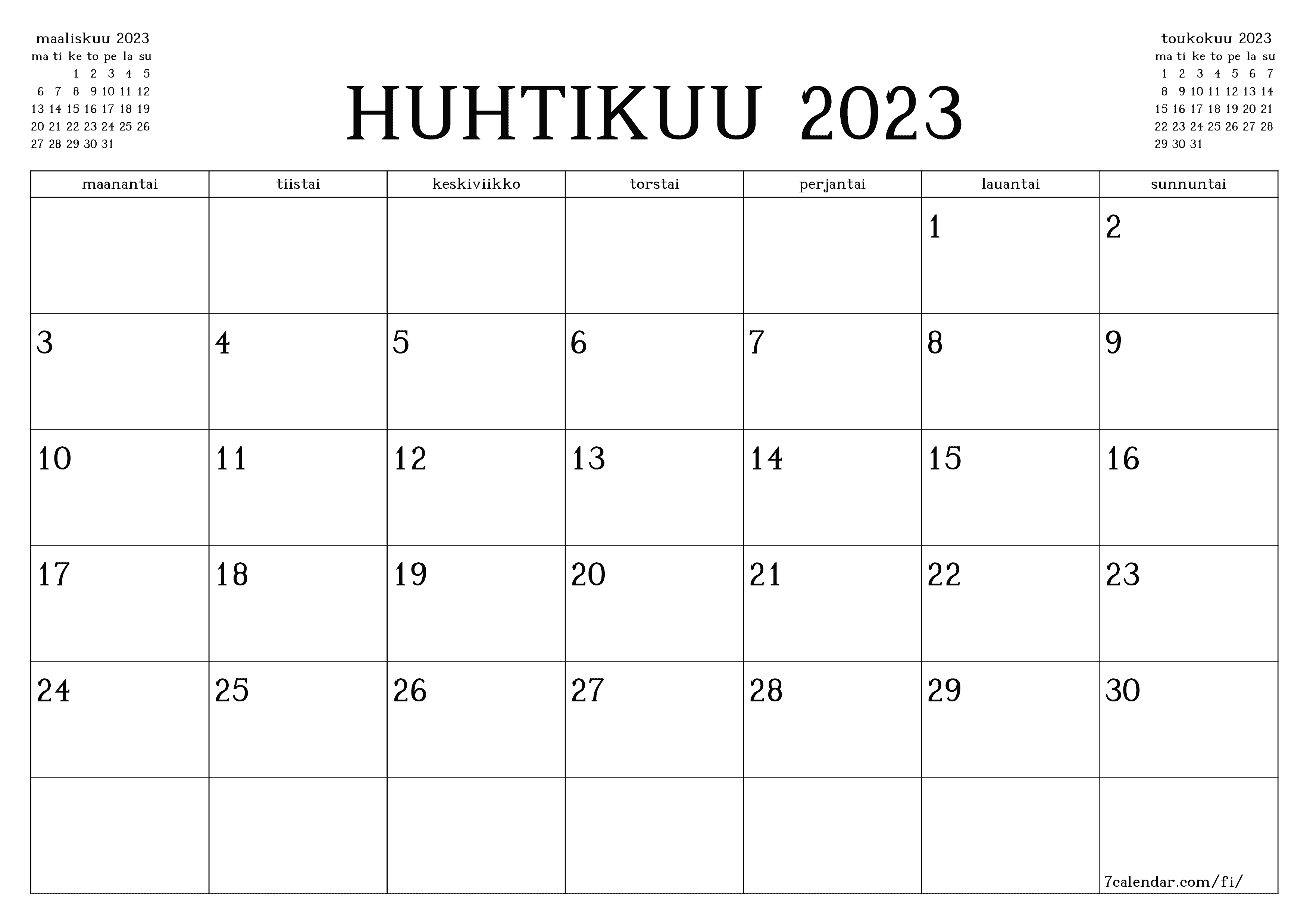 Tyhjennä kuukausittainen suunnittelija kuukaudelle huhtikuu 2023 muistiinpanoilla, tallenna ja tulosta PDF-muotoon PNG Finnish