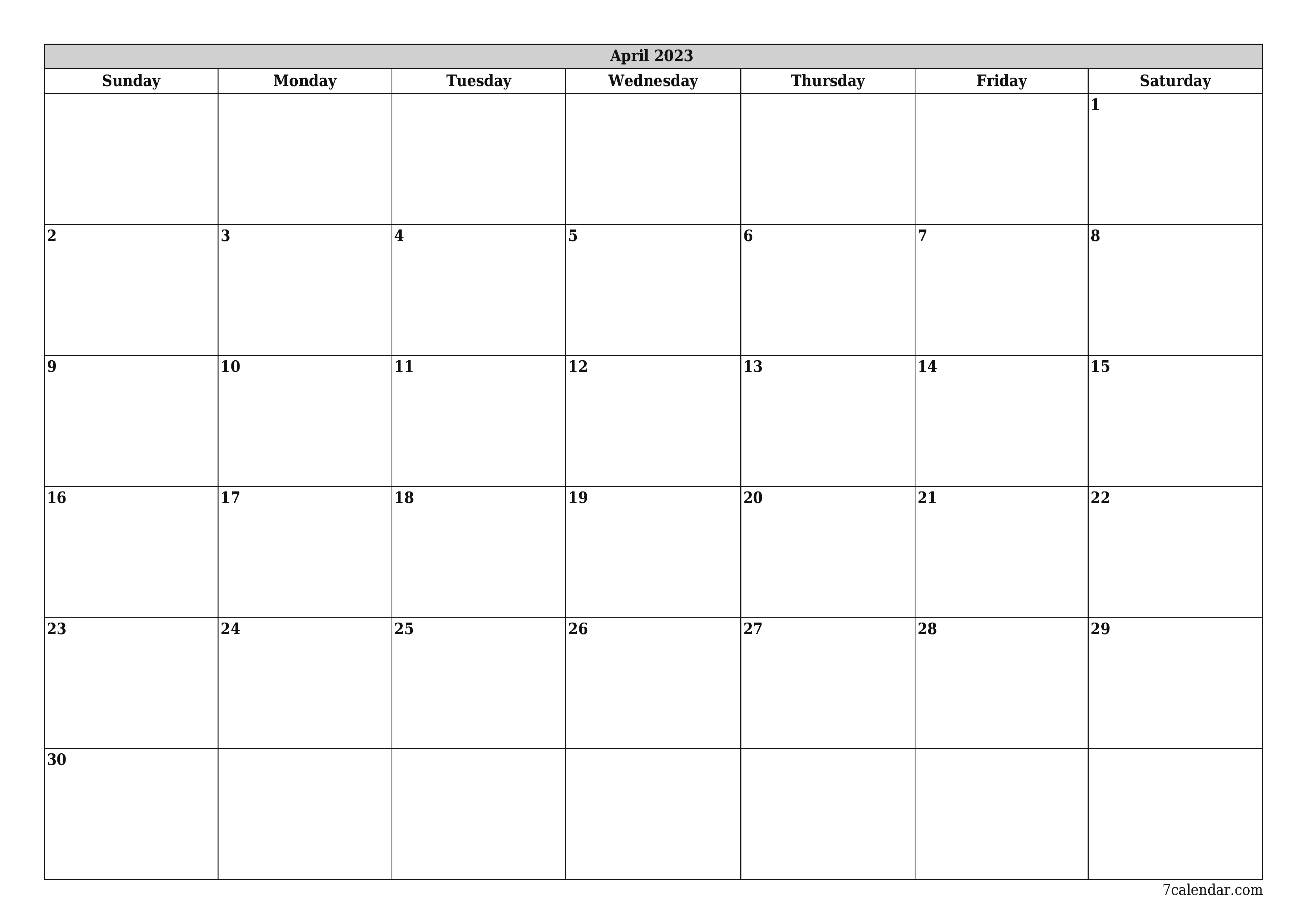 Blank monthly printable calendar and planner for month April 2023 with notes save and print to PDF PNG English