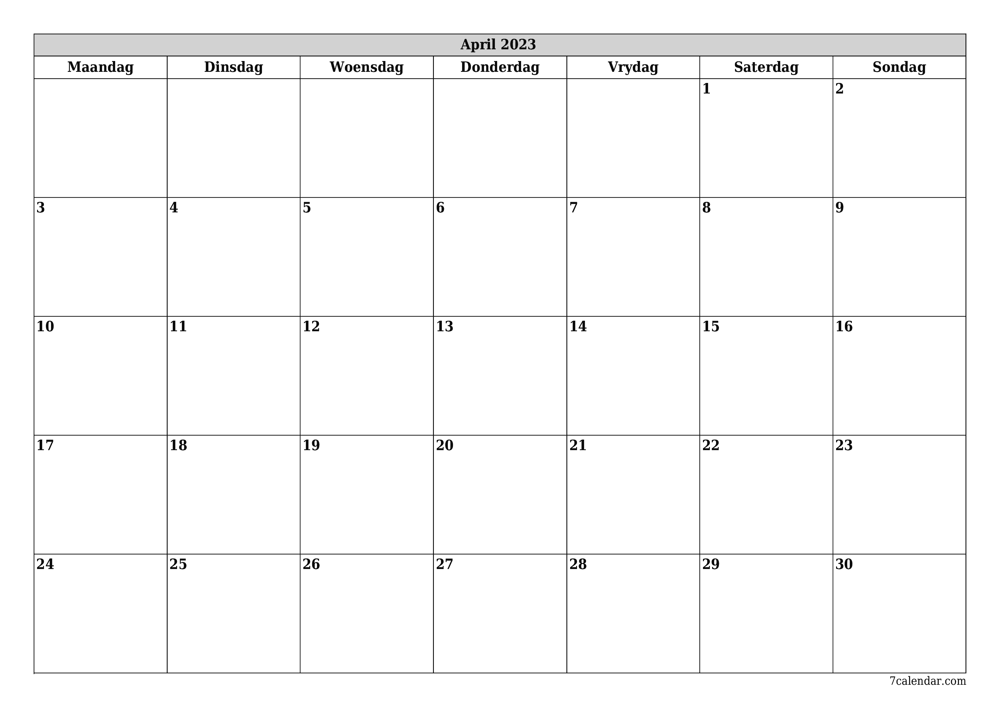 Leë maandelikse drukbare kalender en beplanner vir maand April 2023 met notas stoor en druk na PDF PNG Afrikaans