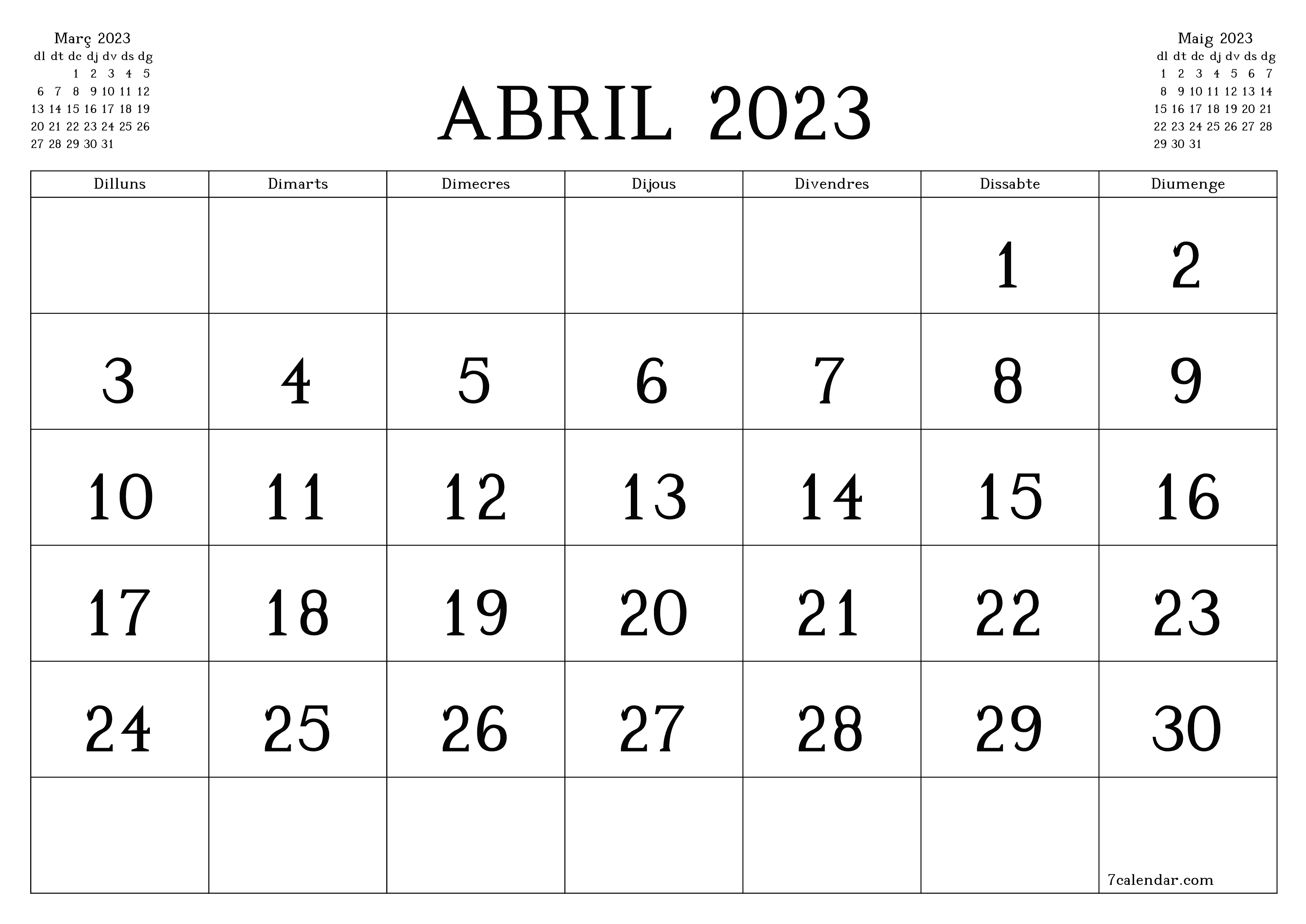 Planificador mensual buit del mes Abril 2023 amb notes, deseu-lo i imprimiu-lo en format PDF PNG Catalan