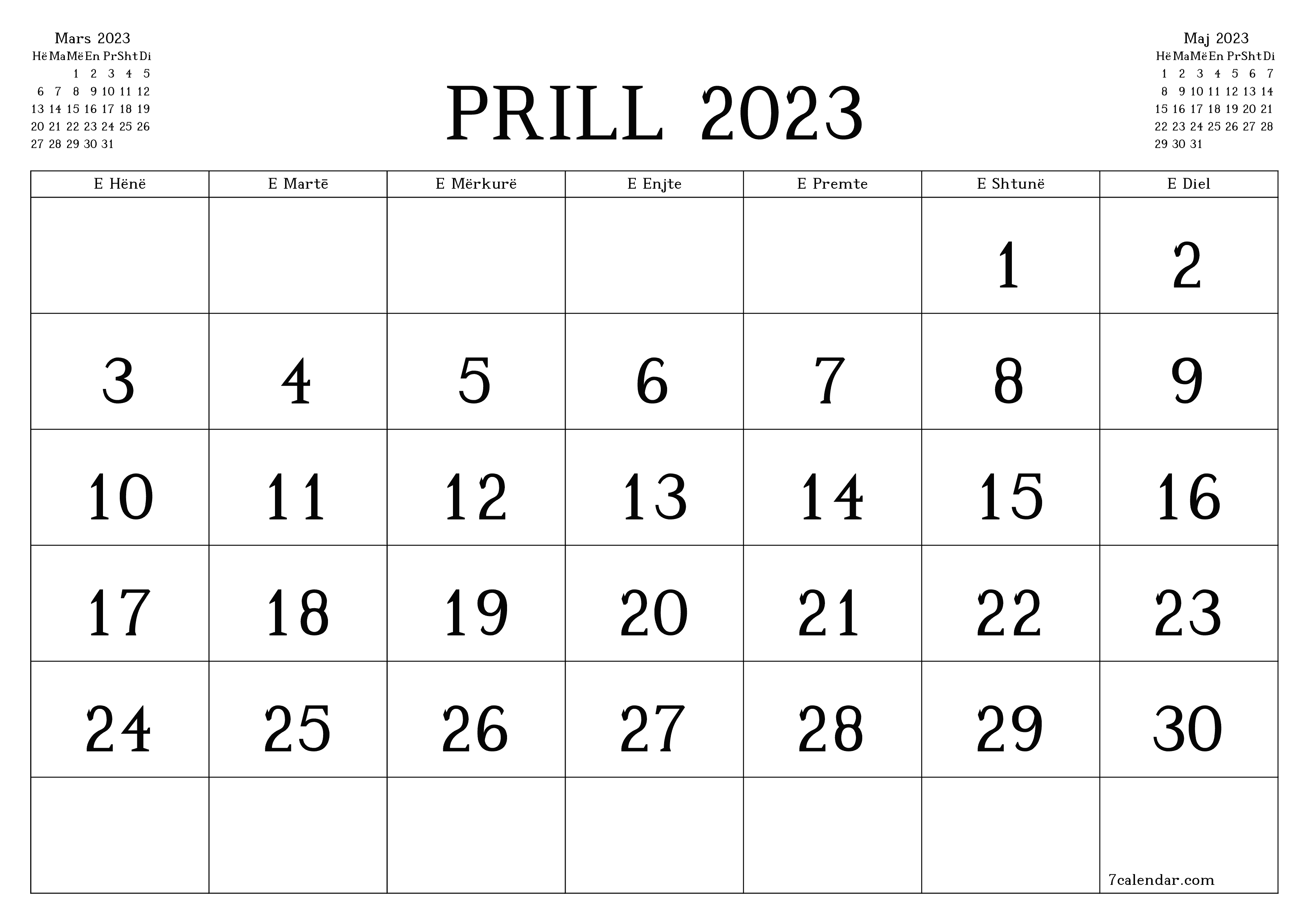 Planifikuesi i zbrazët i kalendarit mujor për muajin Prill 2023 me shënime të ruajtura dhe të printuara në PDF PNG Albanian