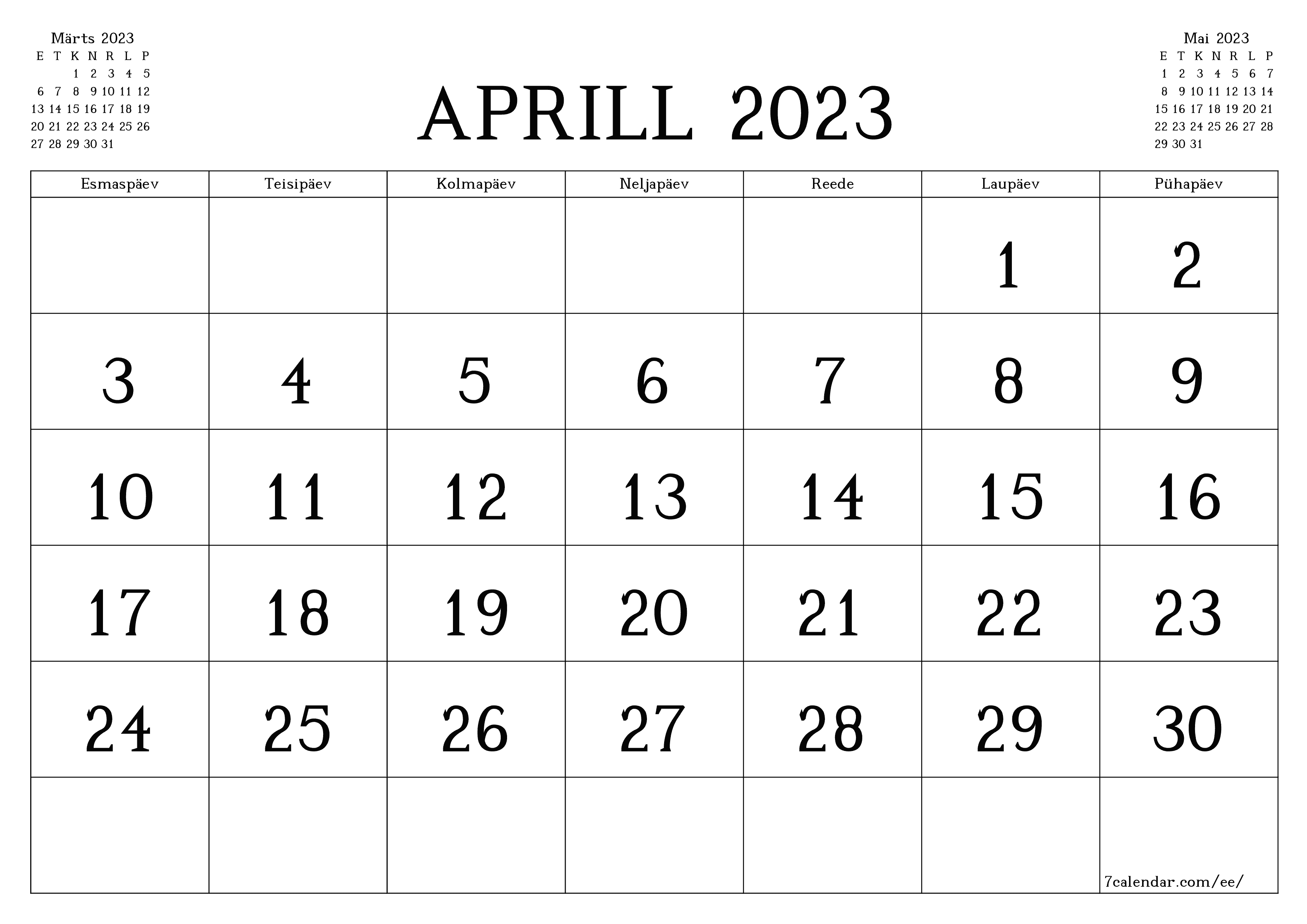Tühjendage kuu Aprill 2023 kuuplaneerija märkmetega, salvestage ja printige PDF-i PNG Estonian