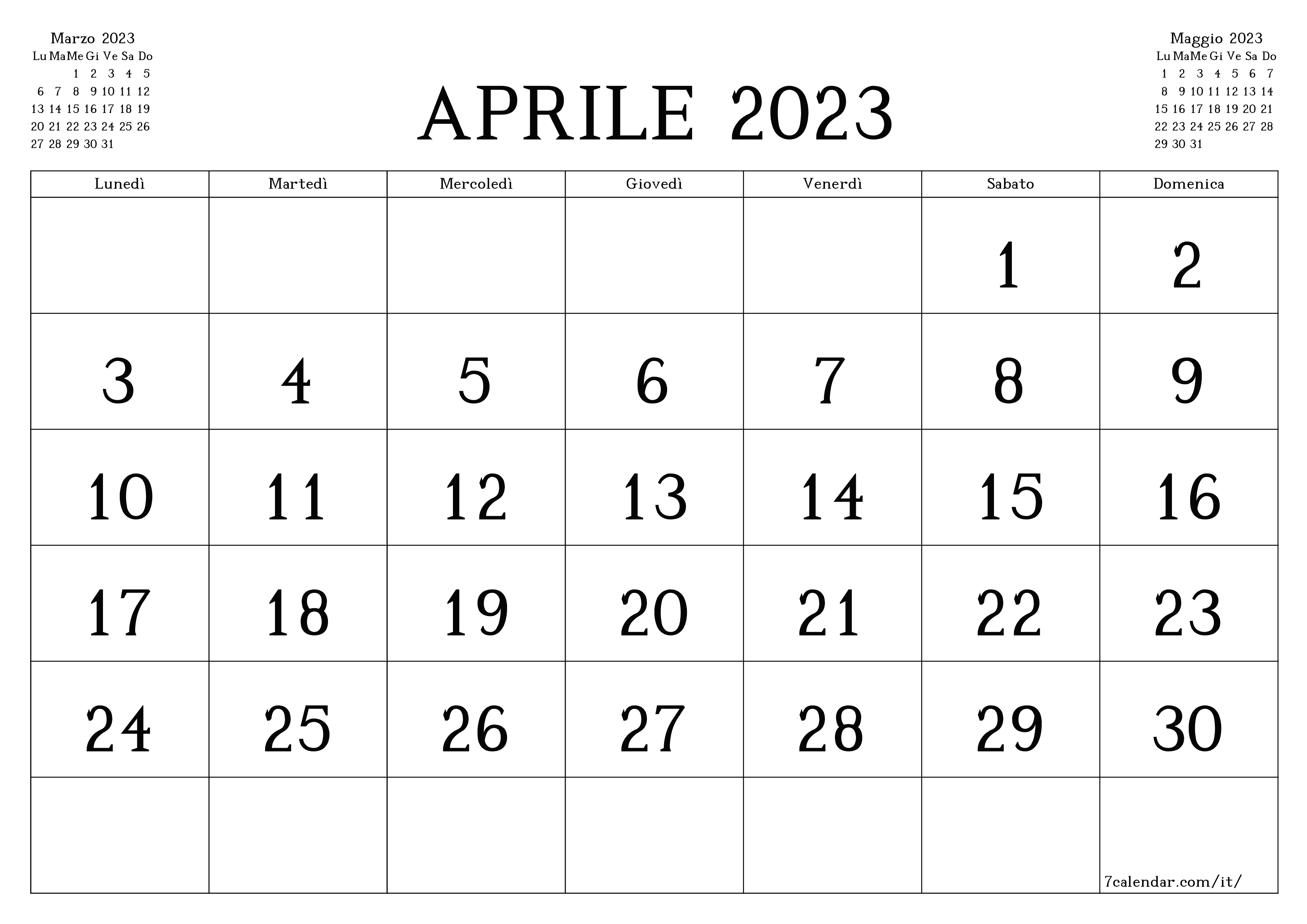 Pianificatore mensile vuoto per il mese Aprile 2023 con note, salva e stampa in PDF PNG Italian