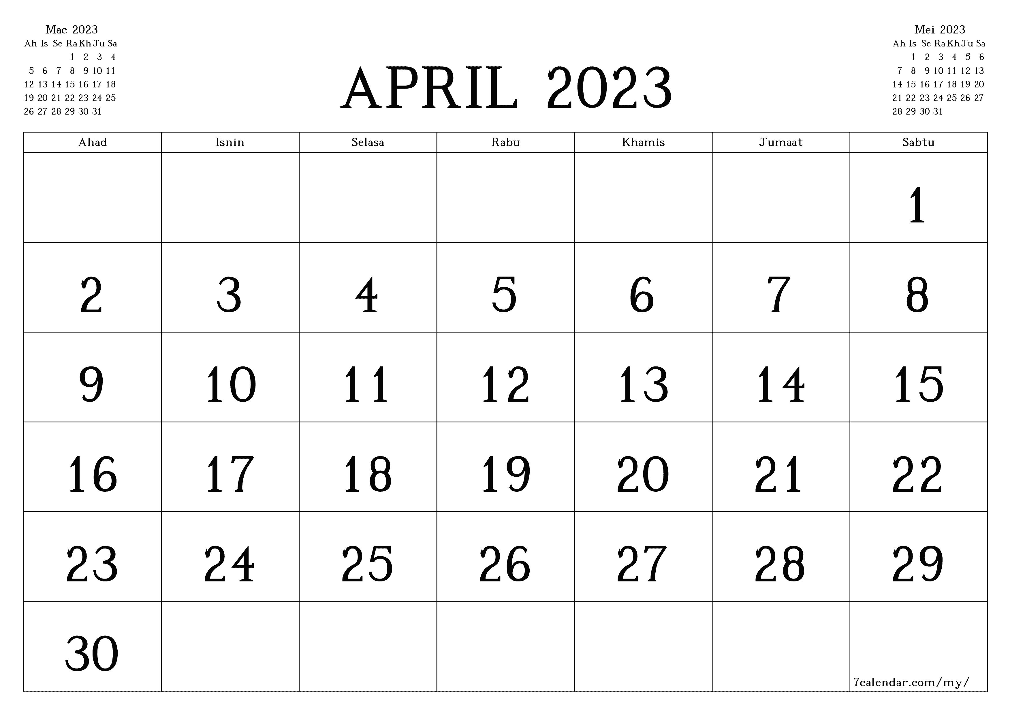 Perancang bulanan kosong untuk bulan April 2023 dengan nota, simpan dan cetak ke PDF PNG Malay