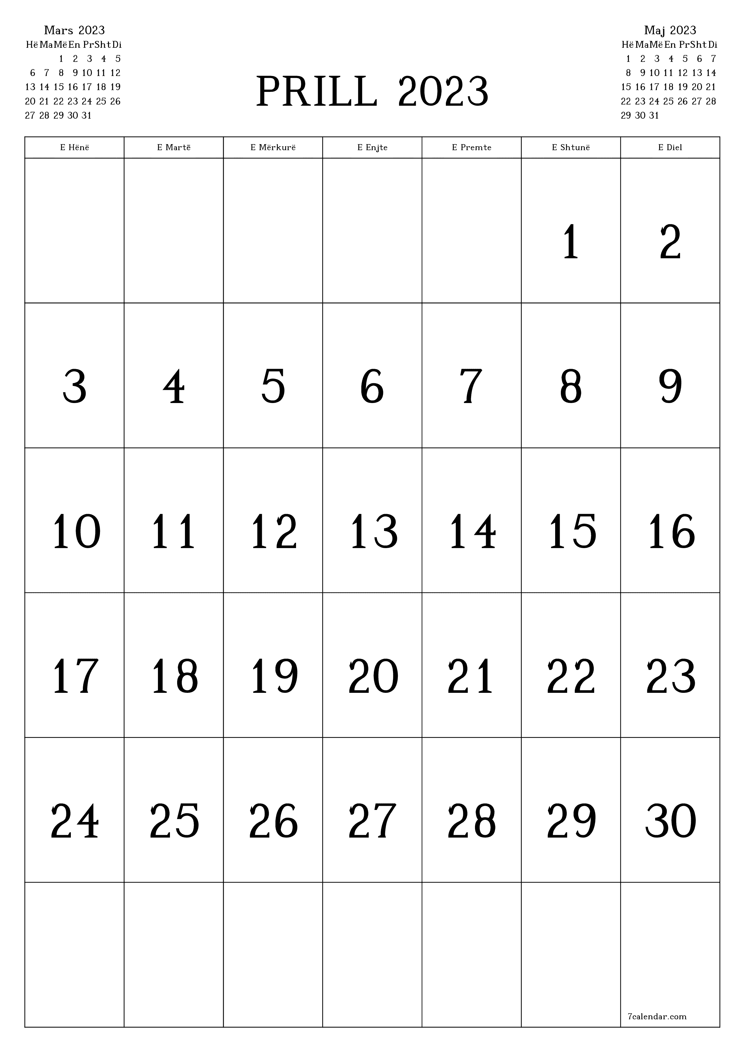 Kalendari bosh mujor për muajin Prill 2023 ruaj dhe printo në PDF PNG Albanian - 7calendar.com
