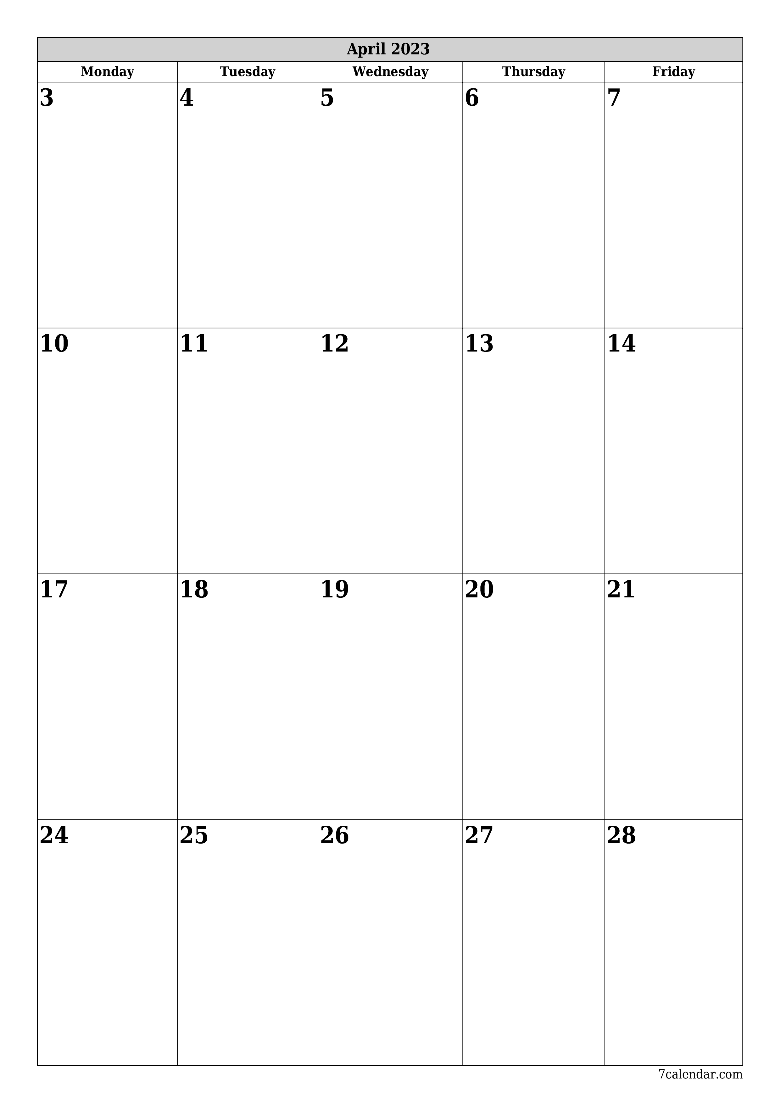 Blank calendar April 2023