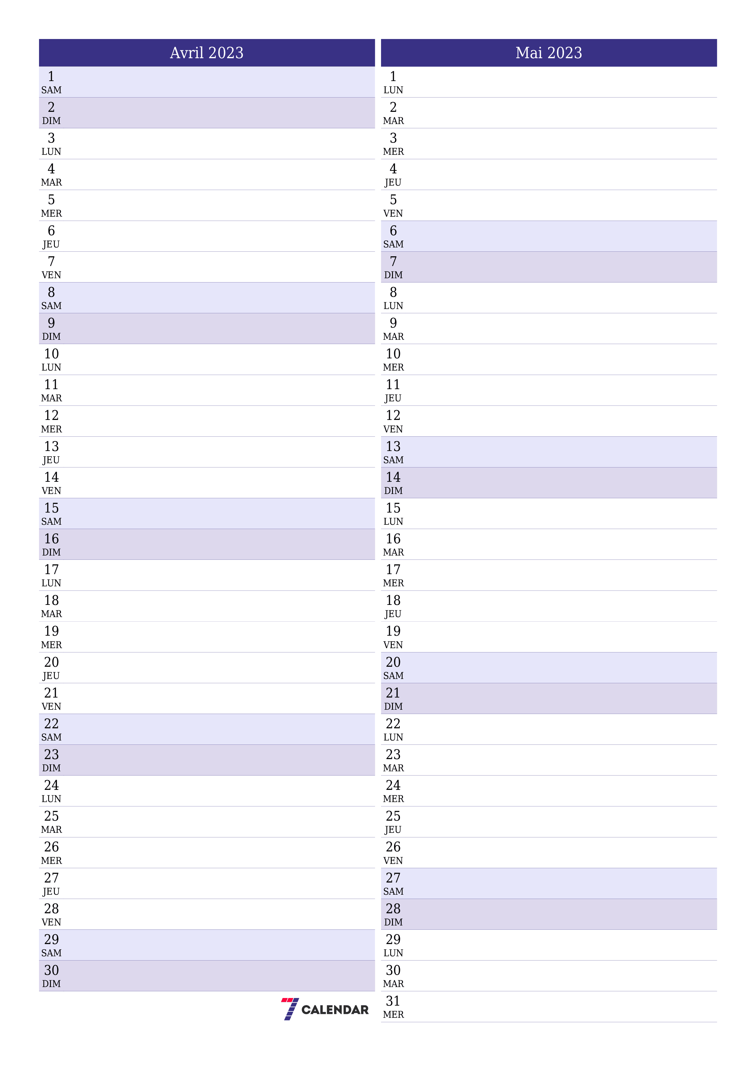 Agenda mensuel vide pour le mois Avril 2023 avec notes, enregistrez et imprimez au format PDF PNG French