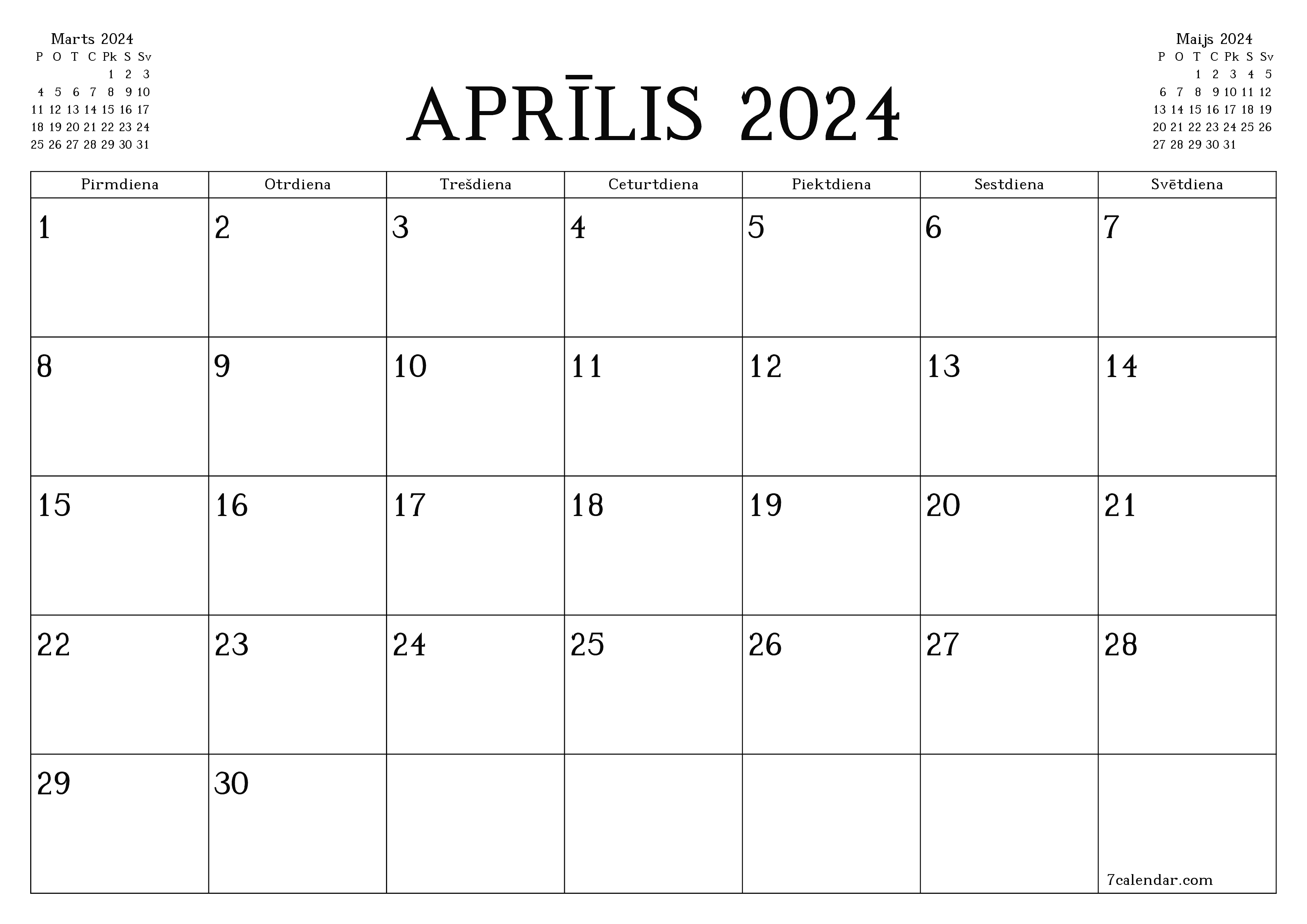 Iztukšot mēneša plānotāju mēnesim Aprīlis 2024 ar piezīmēm, saglabāt un izdrukāt PDF formātā PNG Latvian