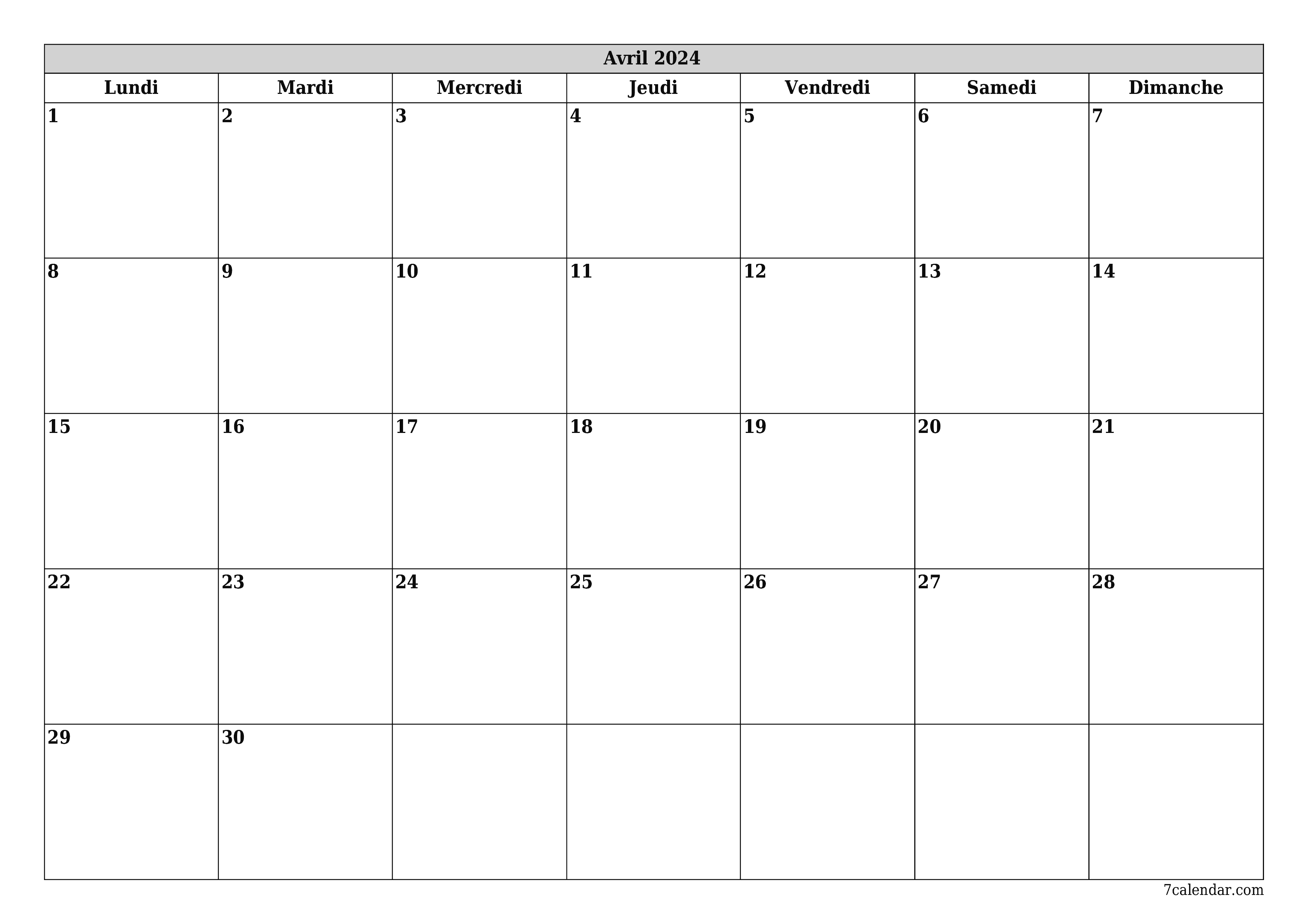 Agenda mensuel vide pour le mois Avril 2024 avec notes, enregistrez et imprimez au format PDF PNG French