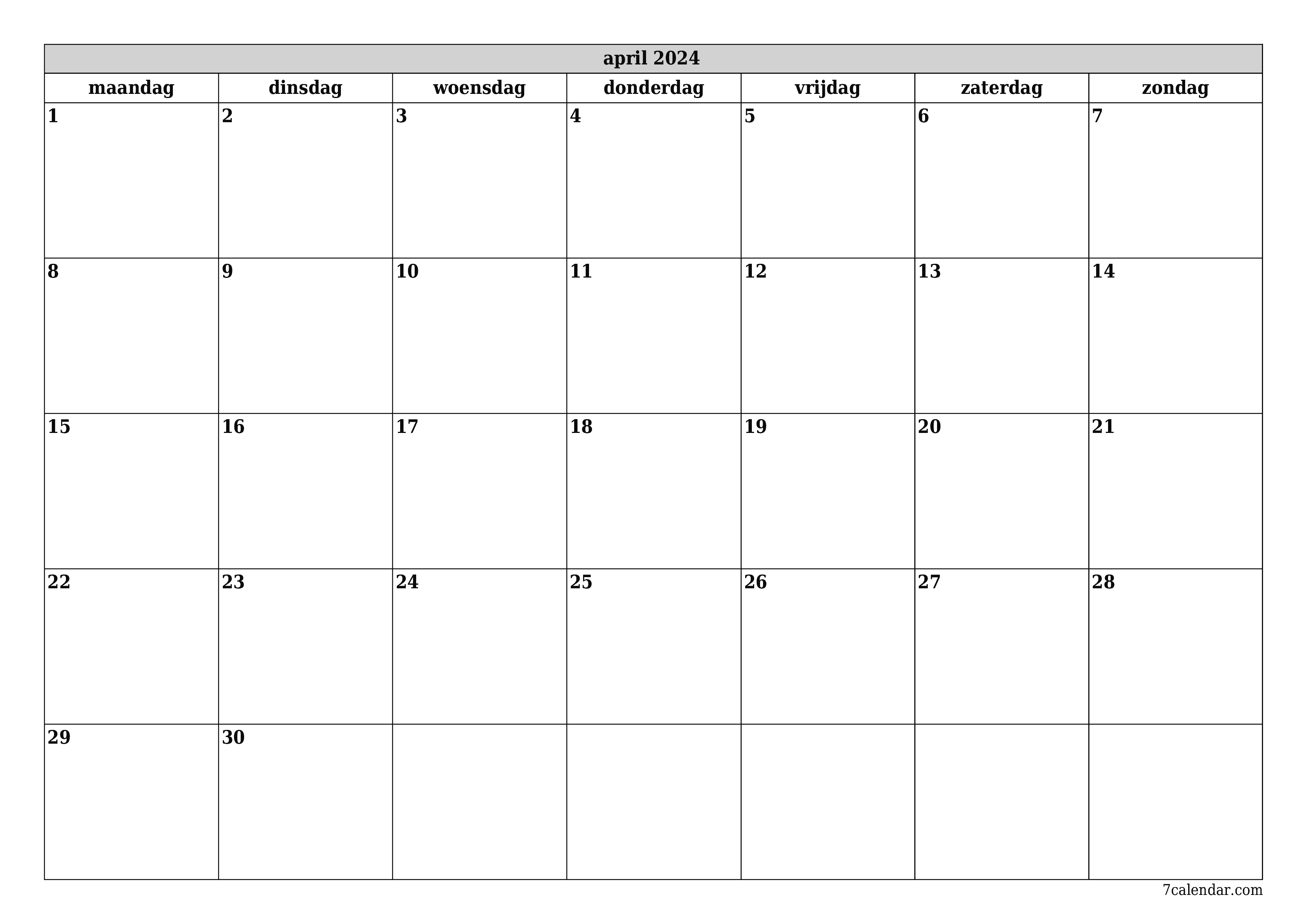 Lege maandplanner voor maand april 2024 met notities, opslaan en afdrukken naar pdf PNG Dutch