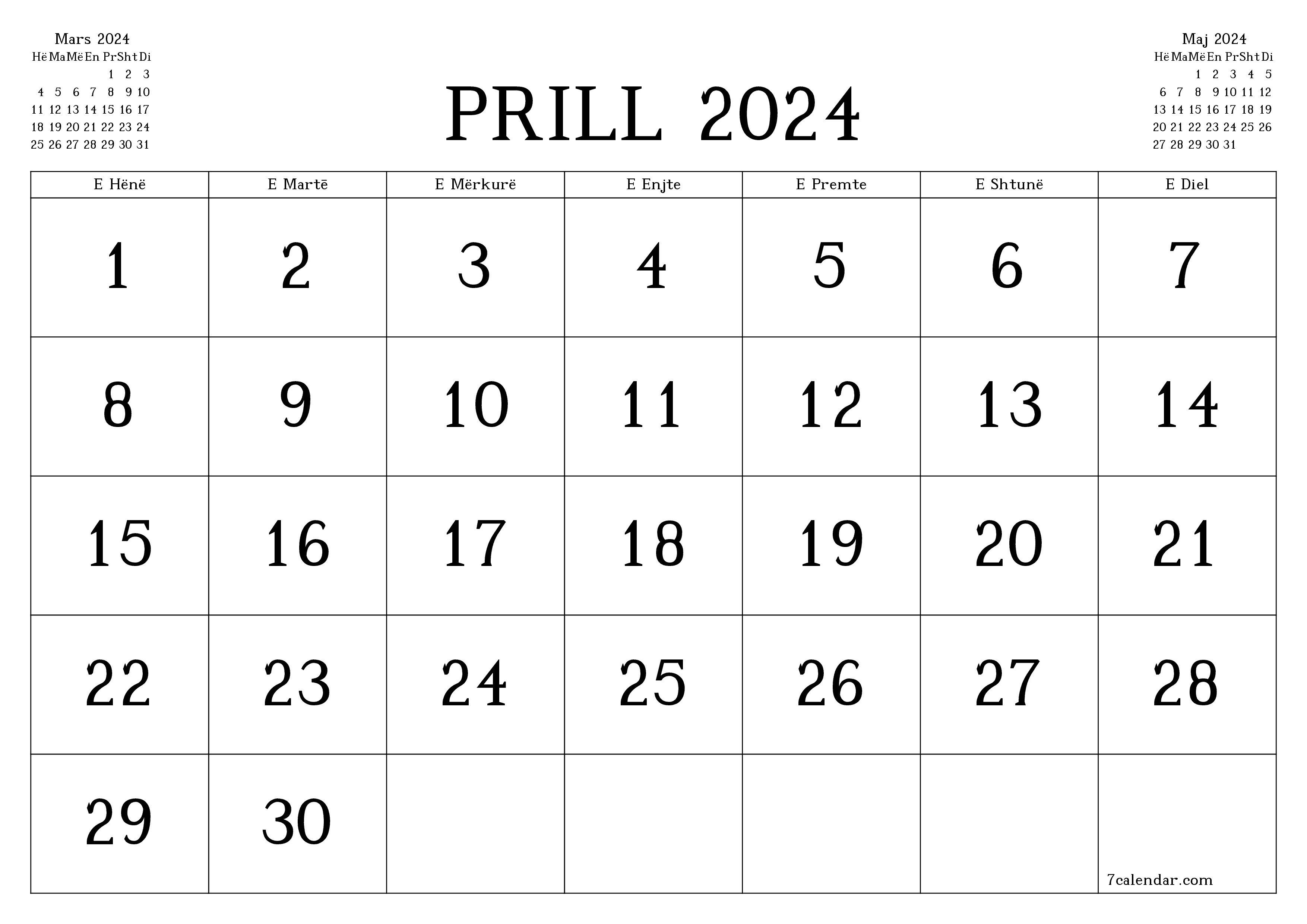 Planifikuesi i zbrazët i kalendarit mujor për muajin Prill 2024 me shënime të ruajtura dhe të printuara në PDF PNG Albanian