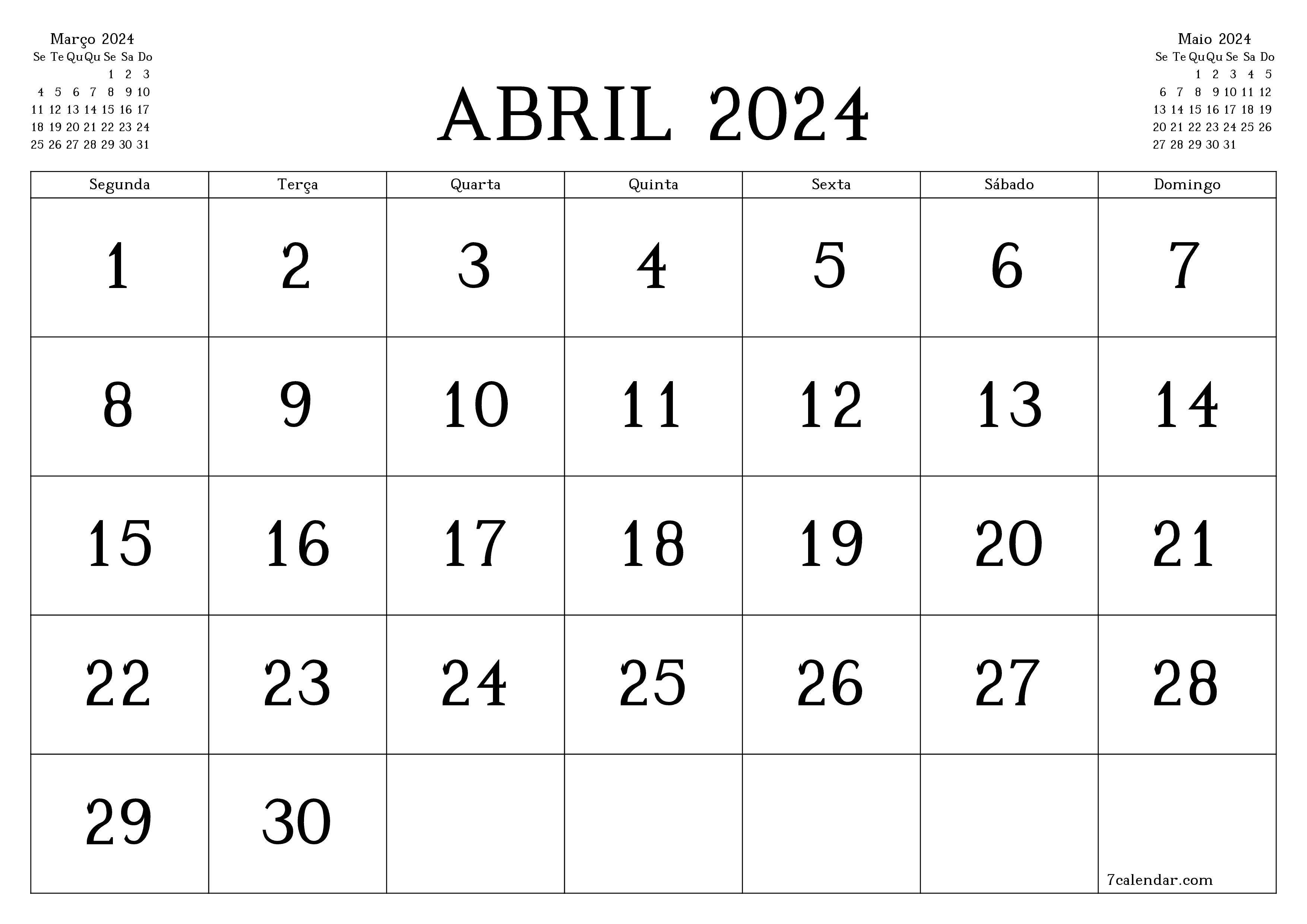 Esvazie o planejador mensal para o mês Abril 2024 com notas, salve e imprima em PDF PNG Portuguese