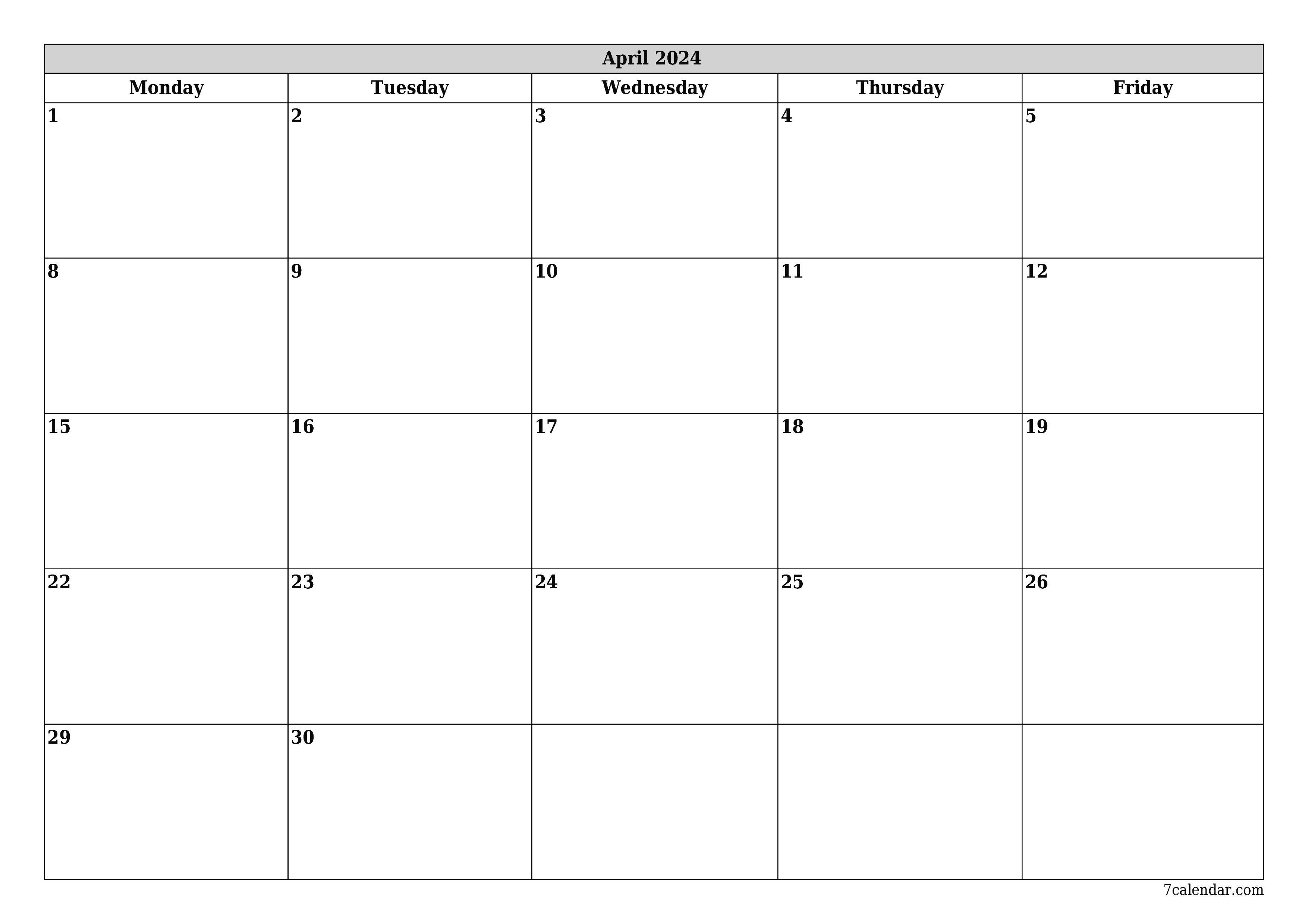 Blank monthly printable calendar and planner for month April 2024 with notes save and print to PDF PNG English