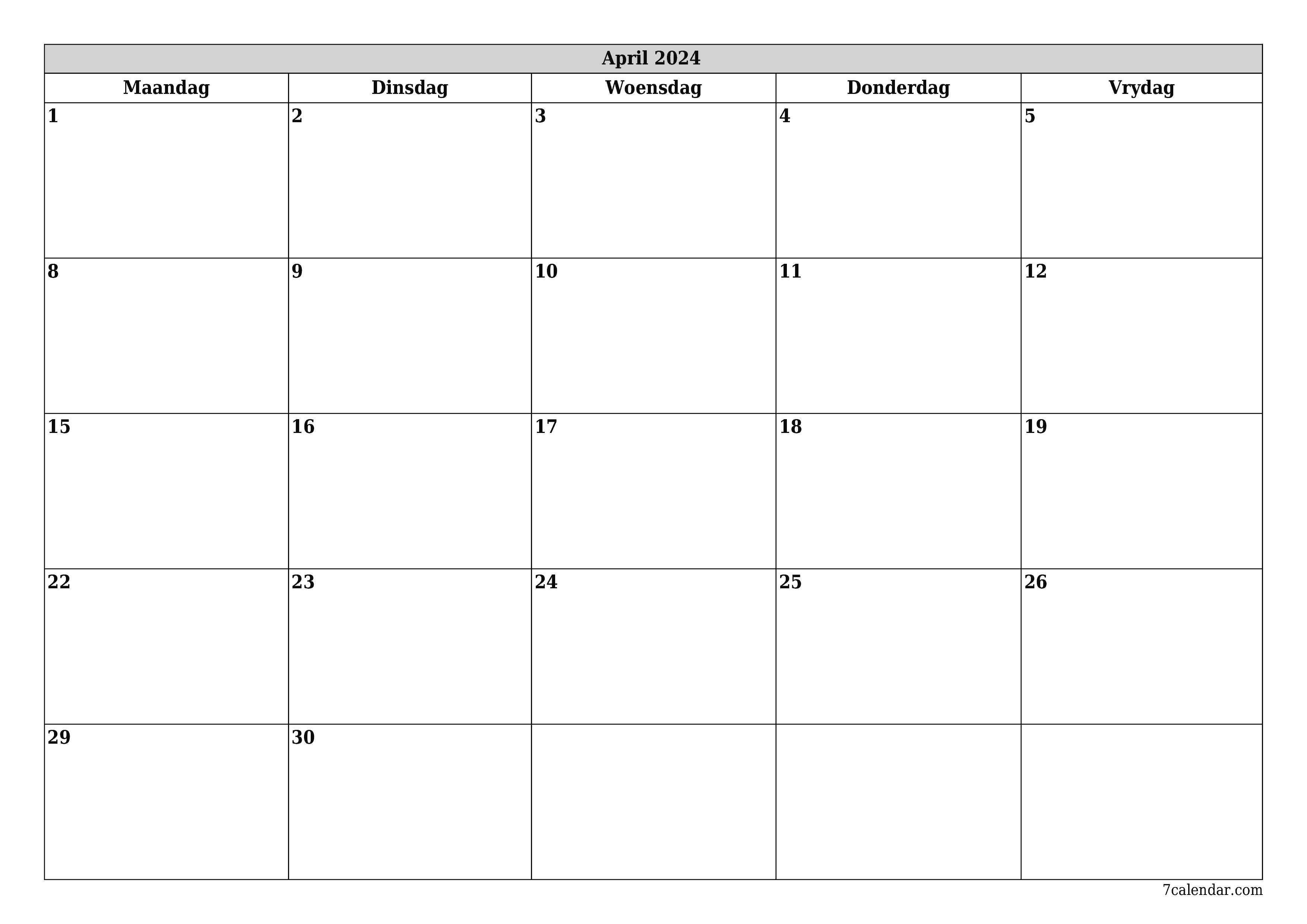 Leë maandelikse drukbare kalender en beplanner vir maand April 2024 met notas stoor en druk na PDF PNG Afrikaans