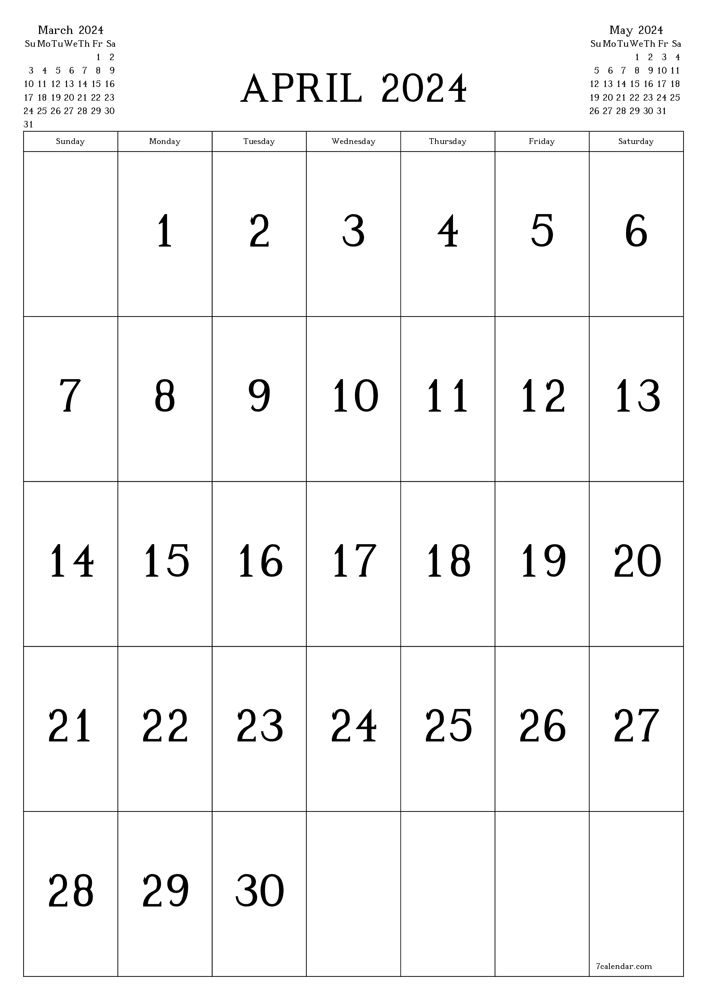 Blank monthly printable calendar and planner for month April 2024 with notes save and print to PDF PNG English