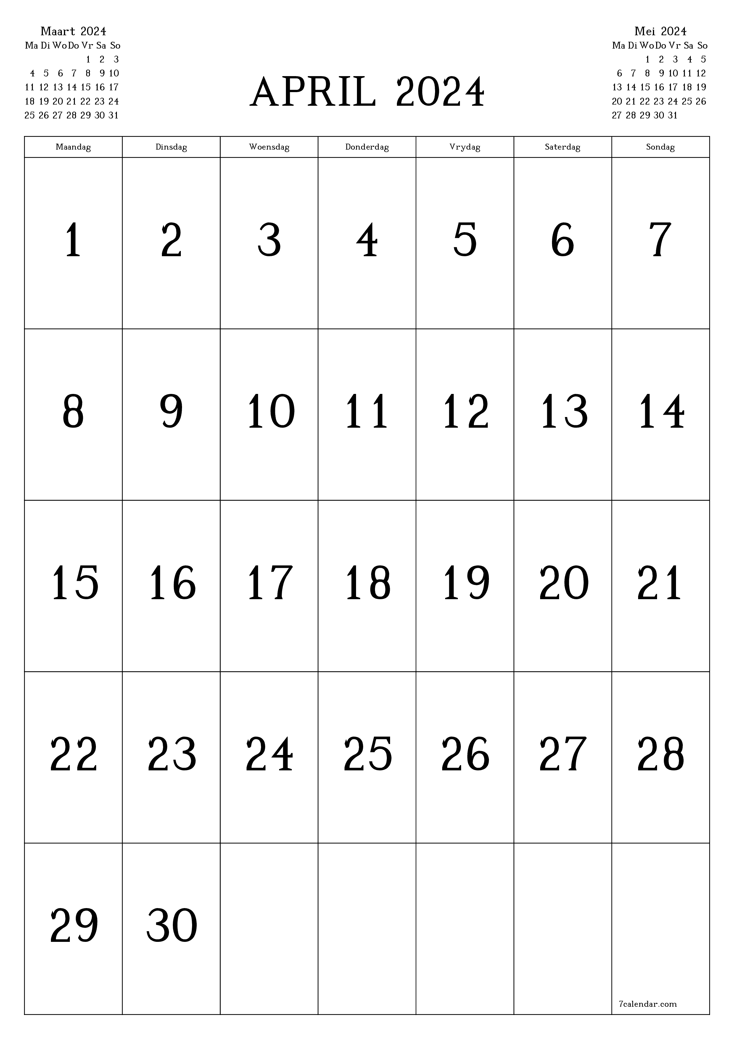 Leë maandelikse drukbare kalender en beplanner vir maand April 2024 met notas stoor en druk na PDF PNG Afrikaans