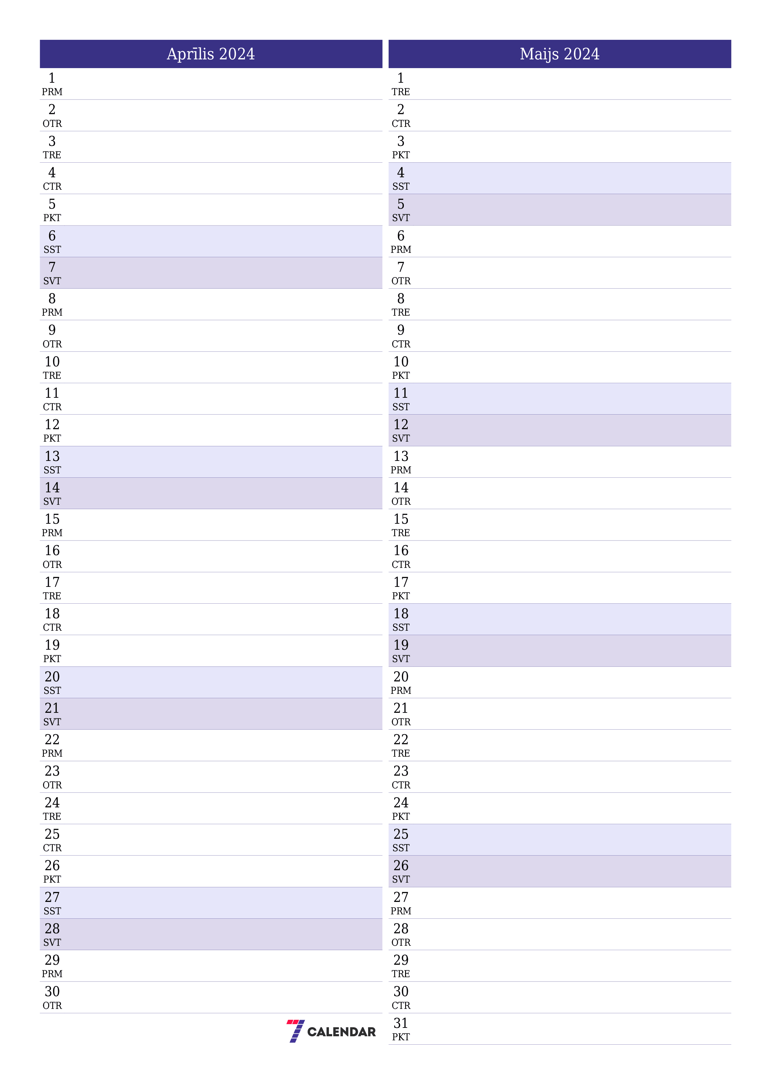 Iztukšot mēneša plānotāju mēnesim Aprīlis 2024 ar piezīmēm, saglabāt un izdrukāt PDF formātā PNG Latvian