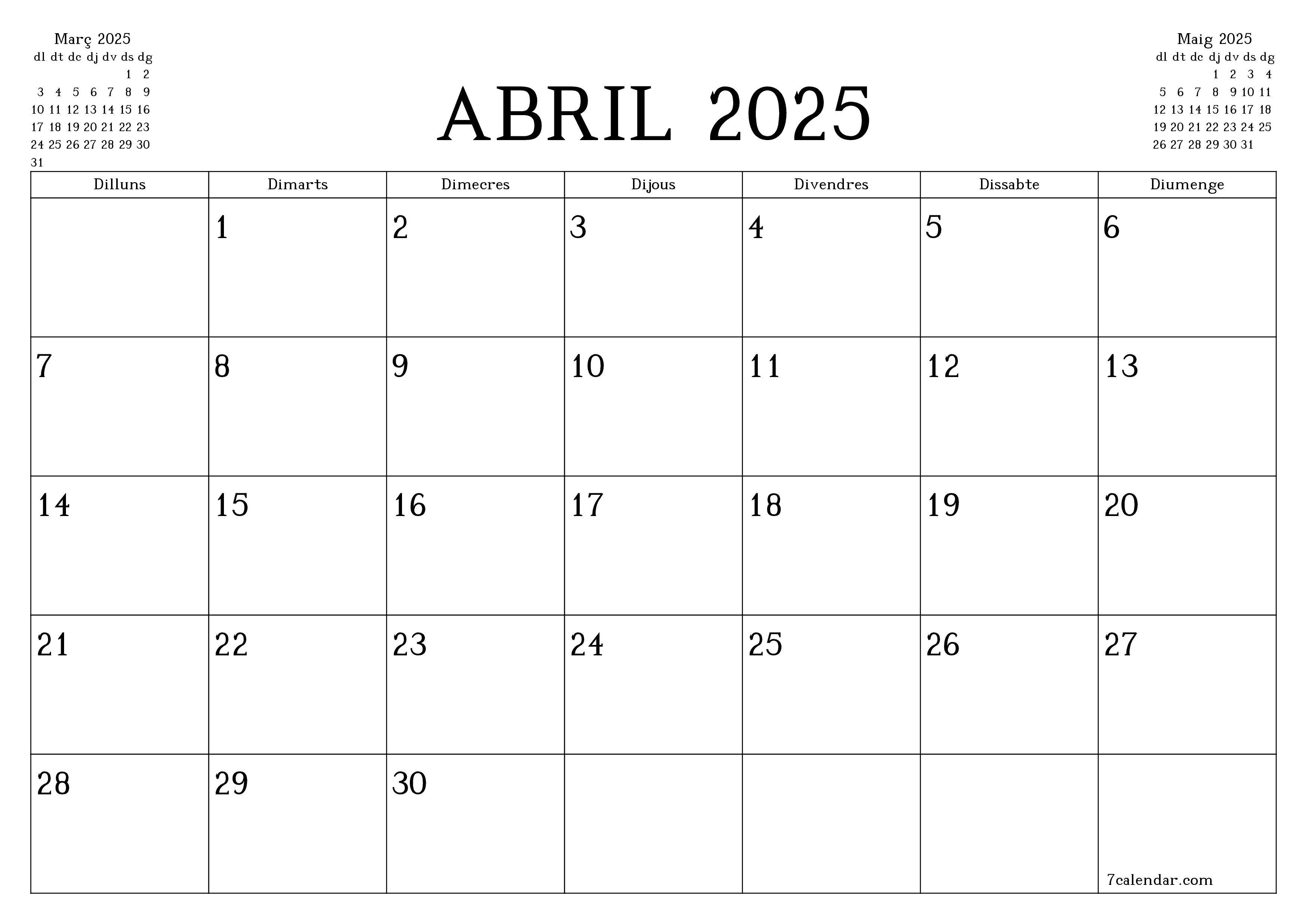 Planificador mensual buit del mes Abril 2025 amb notes, deseu-lo i imprimiu-lo en format PDF PNG Catalan