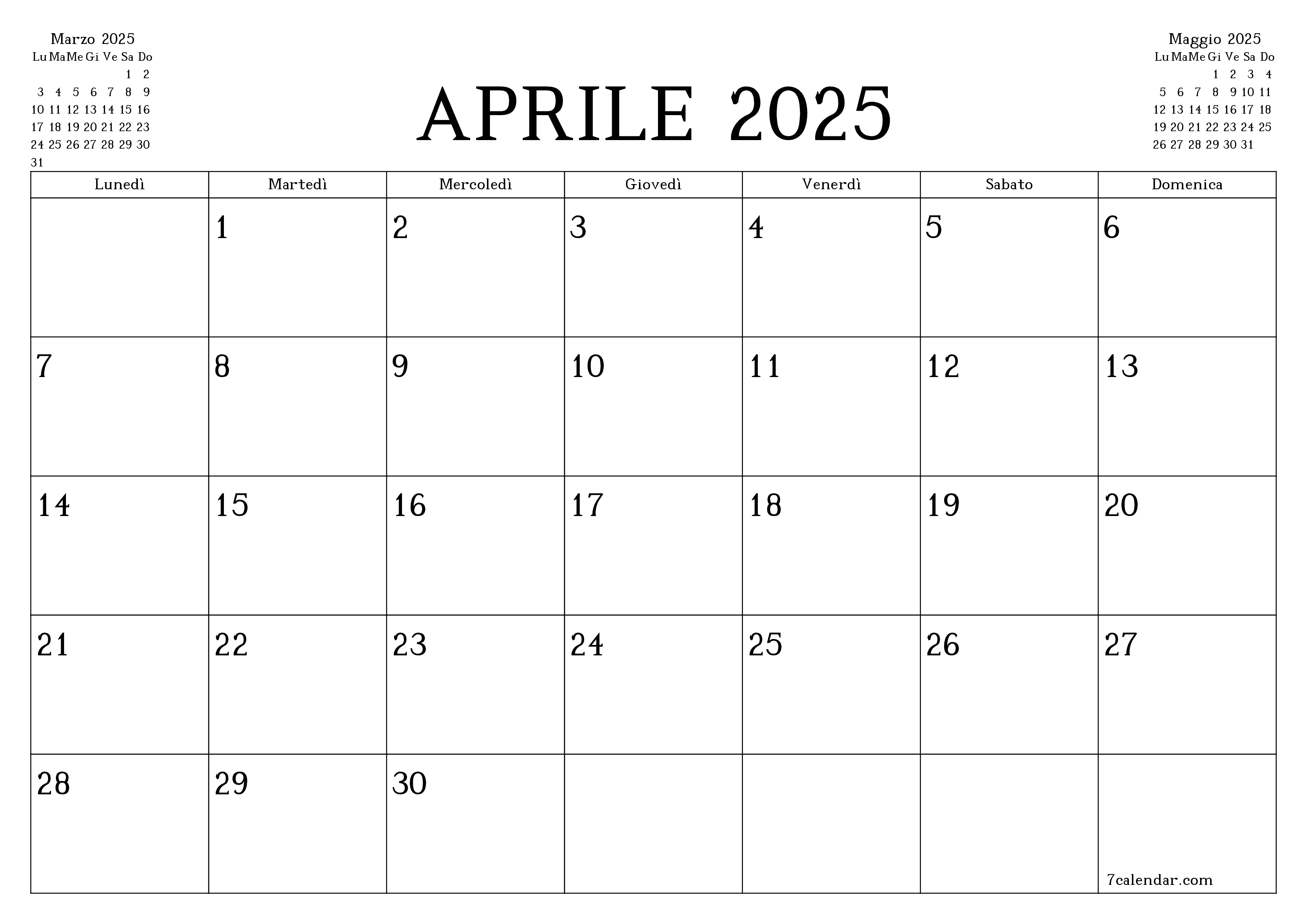 Pianificatore mensile vuoto per il mese Aprile 2025 con note, salva e stampa in PDF PNG Italian