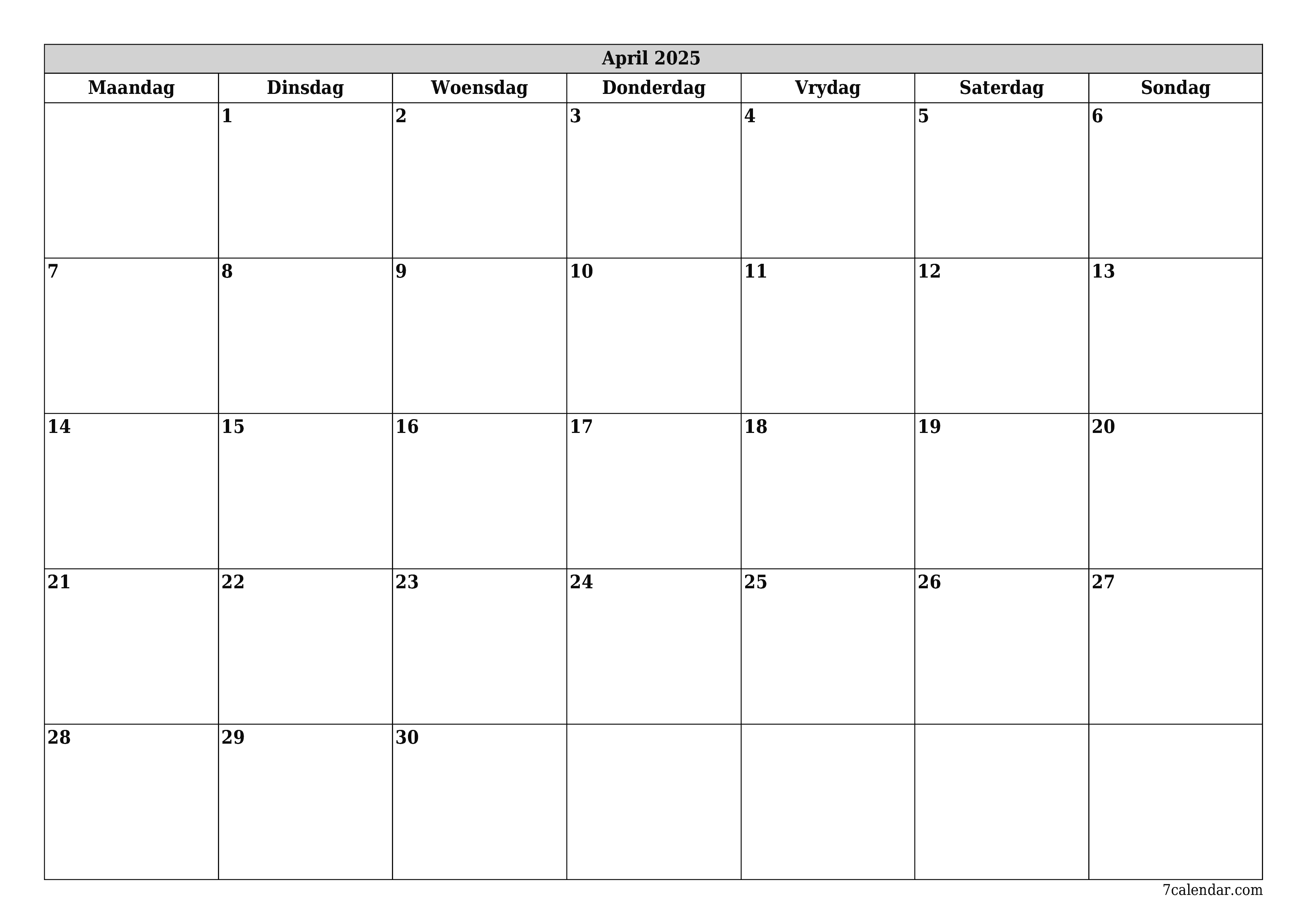 Leë maandelikse drukbare kalender en beplanner vir maand April 2025 met notas stoor en druk na PDF PNG Afrikaans