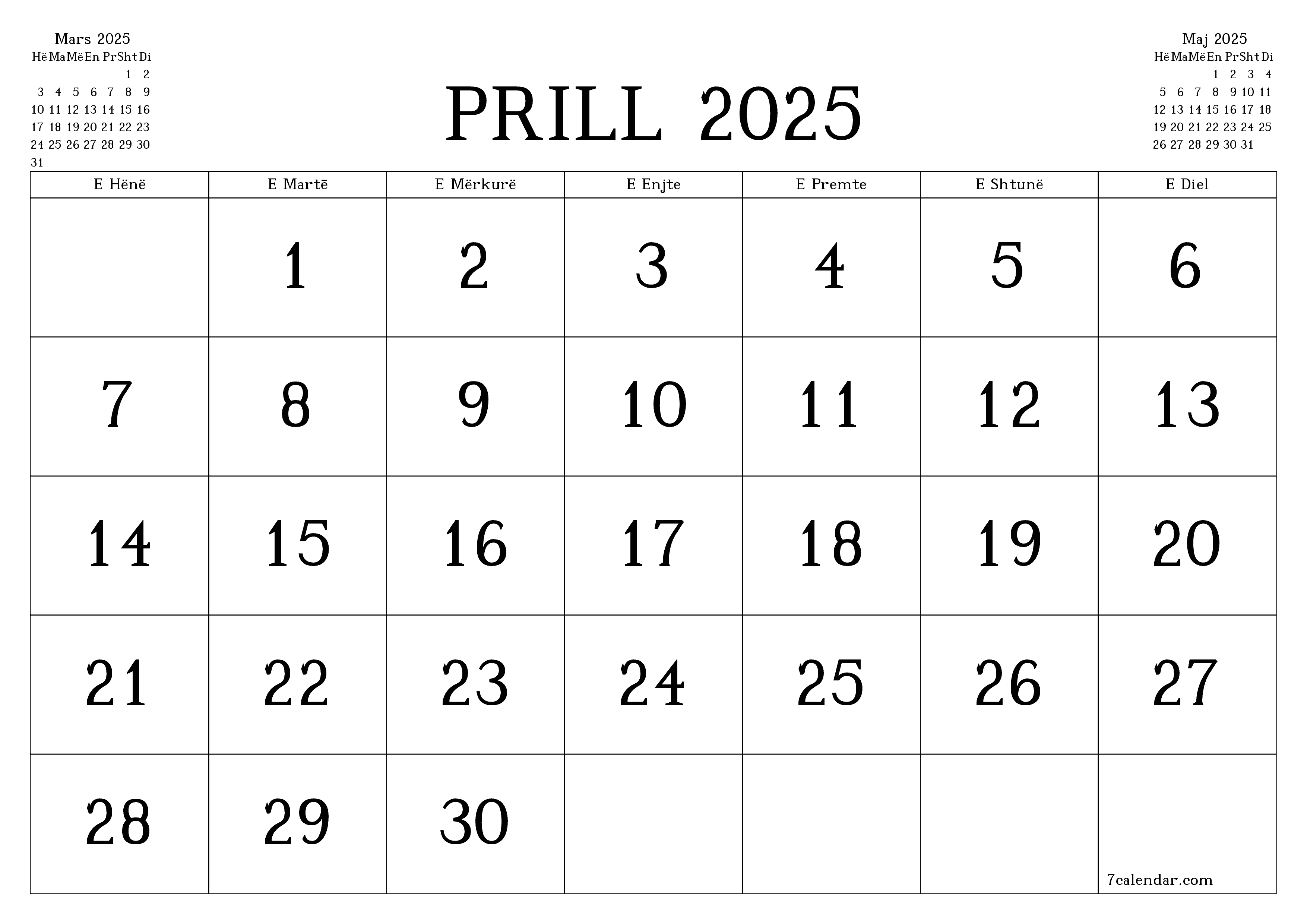 Planifikuesi i zbrazët i kalendarit mujor për muajin Prill 2025 me shënime të ruajtura dhe të printuara në PDF PNG Albanian