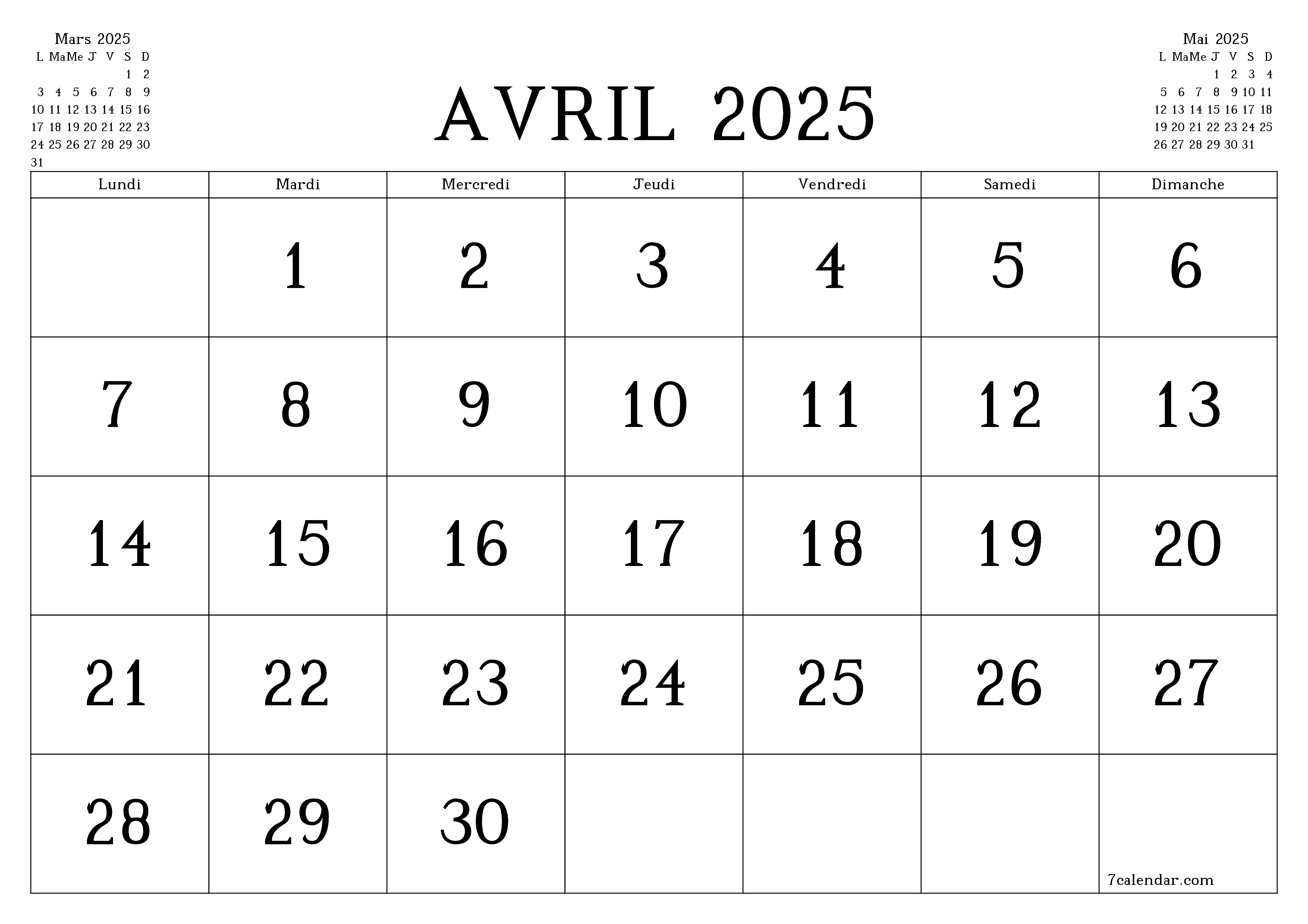 Agenda mensuel vide pour le mois Avril 2025 avec notes, enregistrez et imprimez au format PDF PNG French