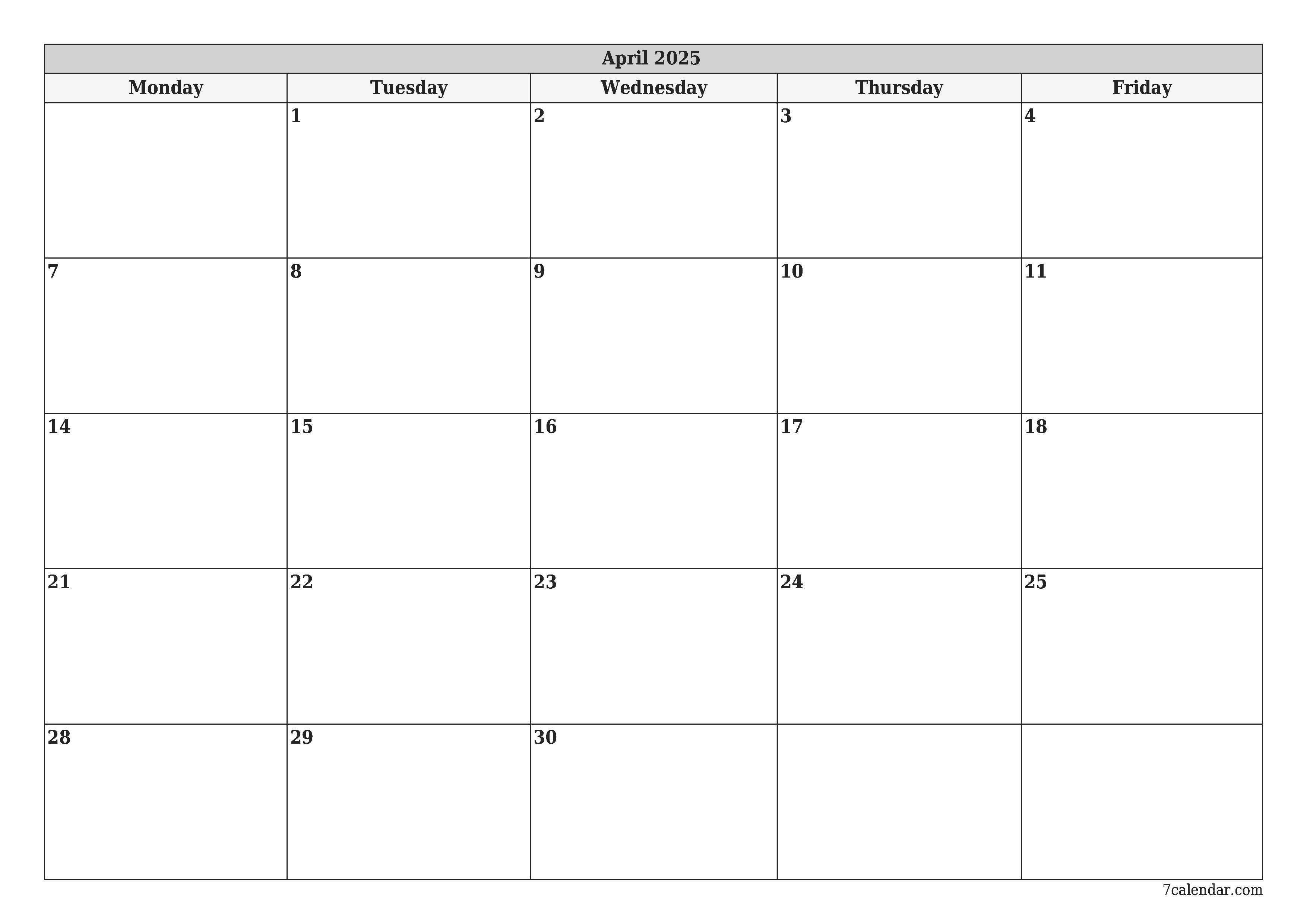 printable wall template free horizontal Monthly planner calendar April (Apr) 2025