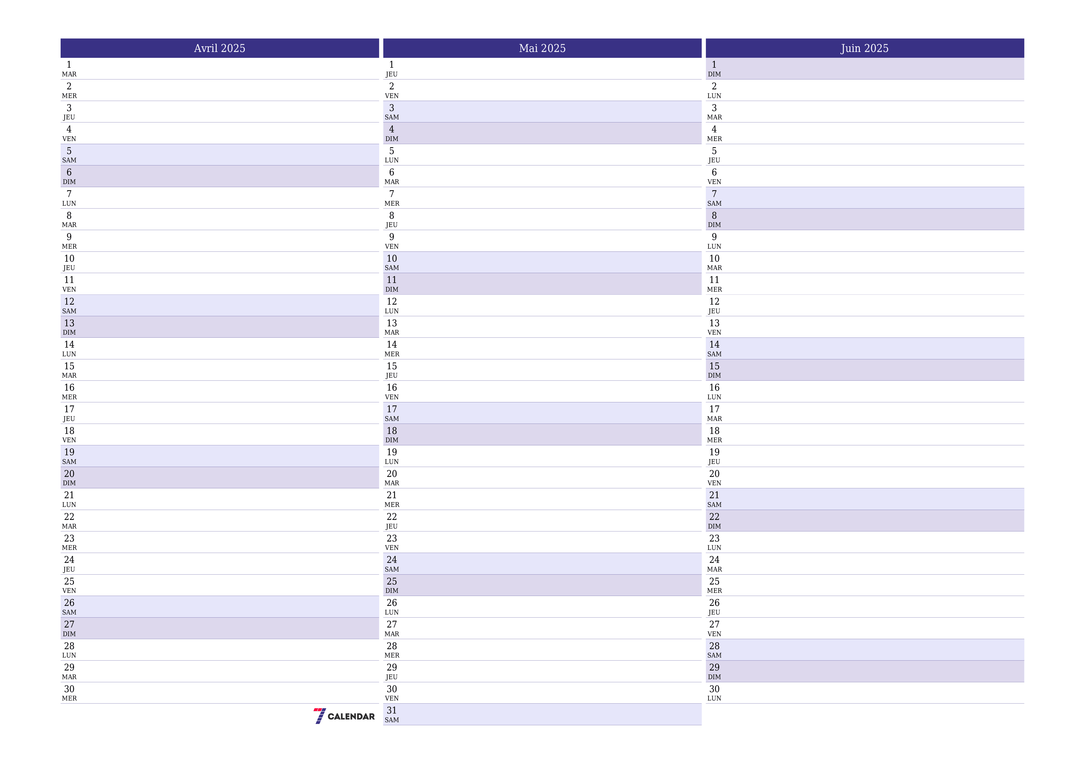 Agenda mensuel vide pour le mois Avril 2025 avec notes, enregistrez et imprimez au format PDF PNG French
