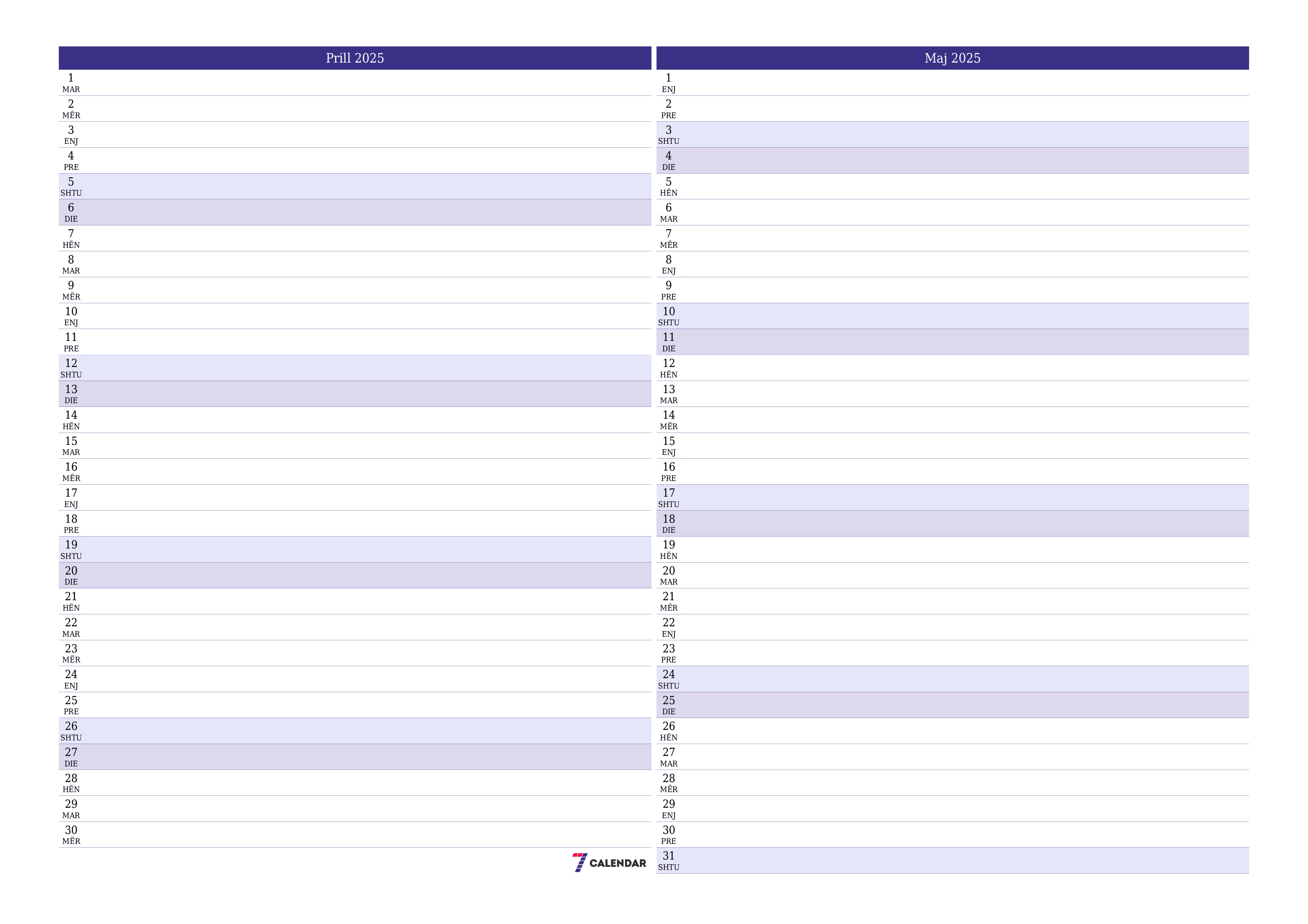 Planifikuesi i zbrazët i kalendarit mujor për muajin Prill 2025 me shënime të ruajtura dhe të printuara në PDF PNG Albanian