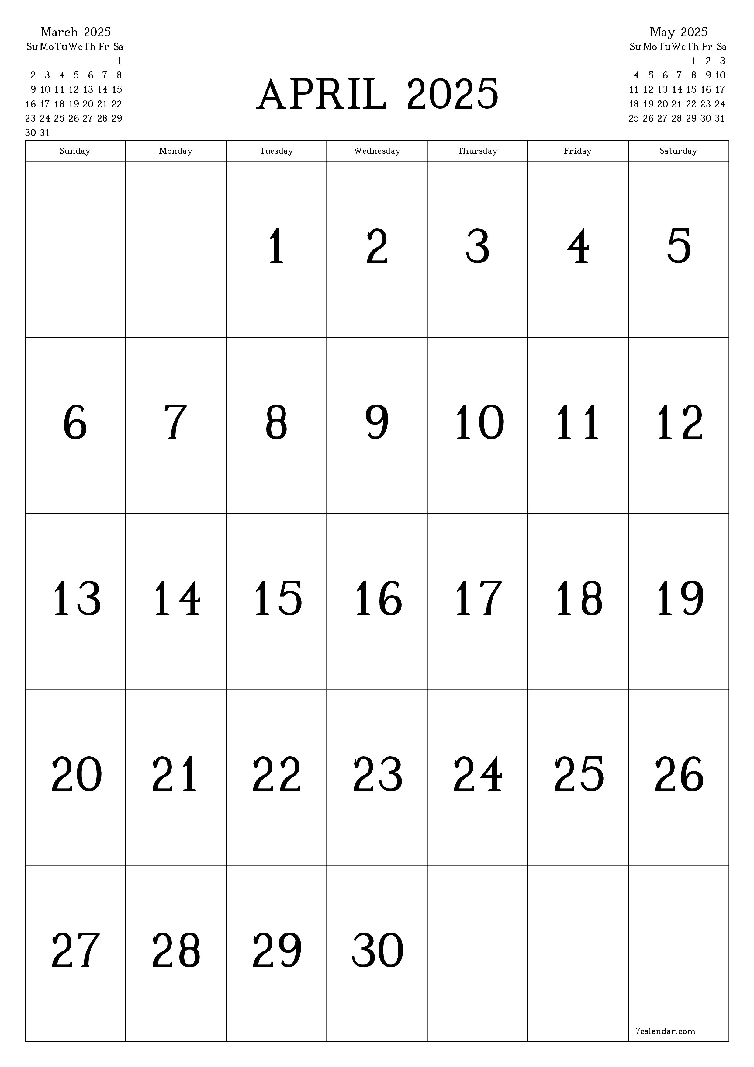 Blank monthly printable calendar and planner for month April 2025 with notes save and print to PDF PNG English