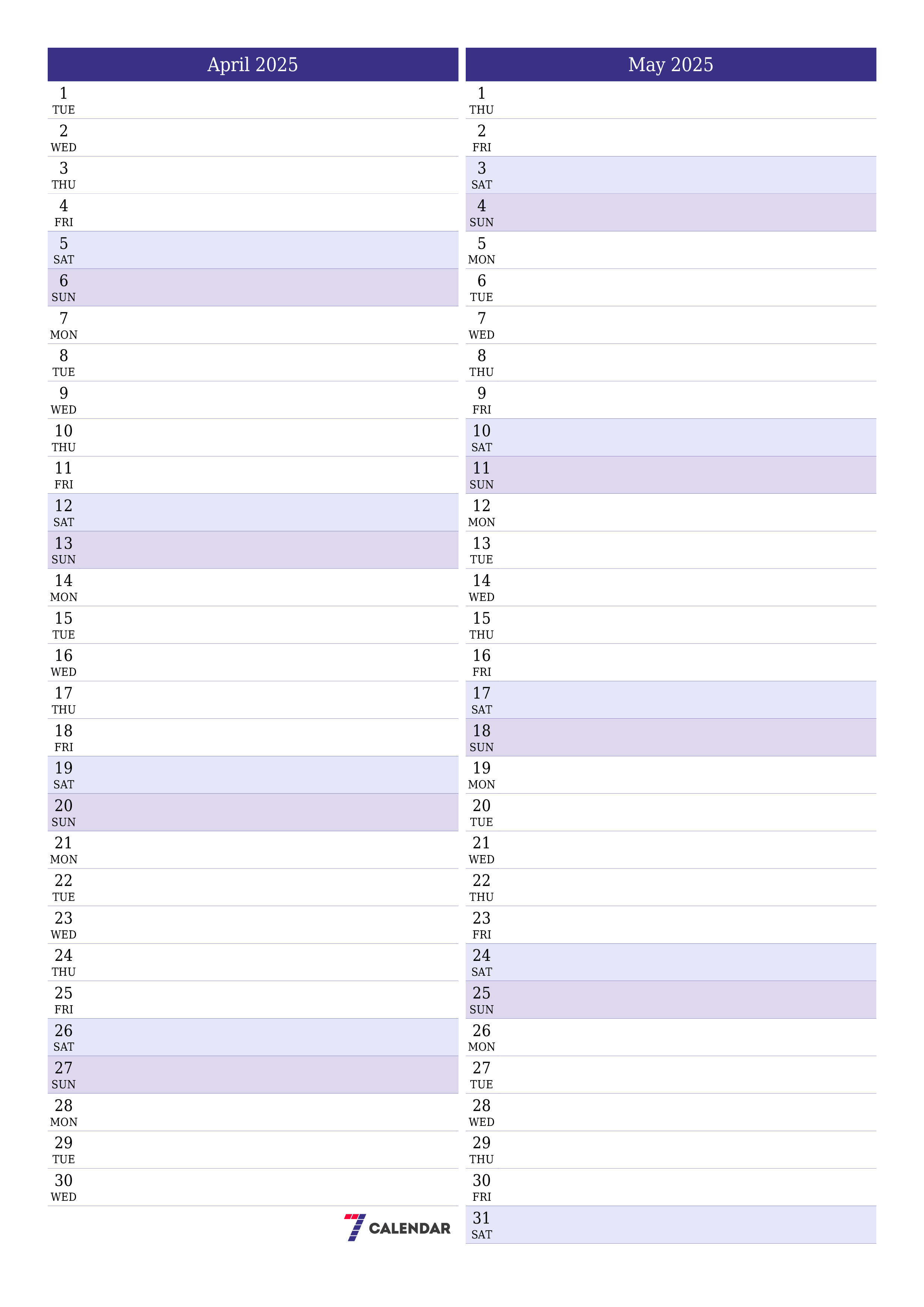 Blank calendar April 2025