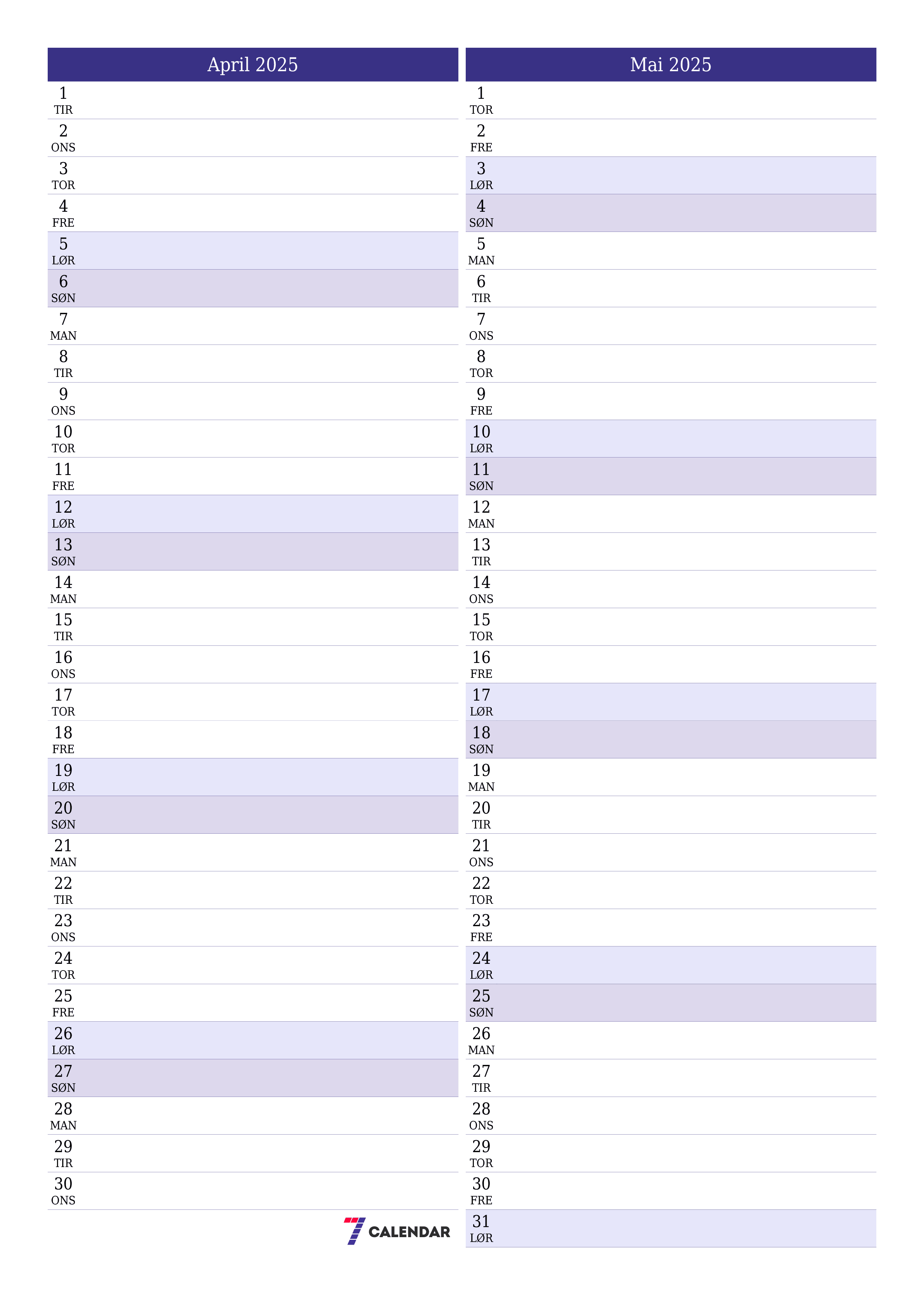 Tom månedlig planlegger for måned April 2025 med notater, lagre og skriv ut til PDF PNG Norwegian