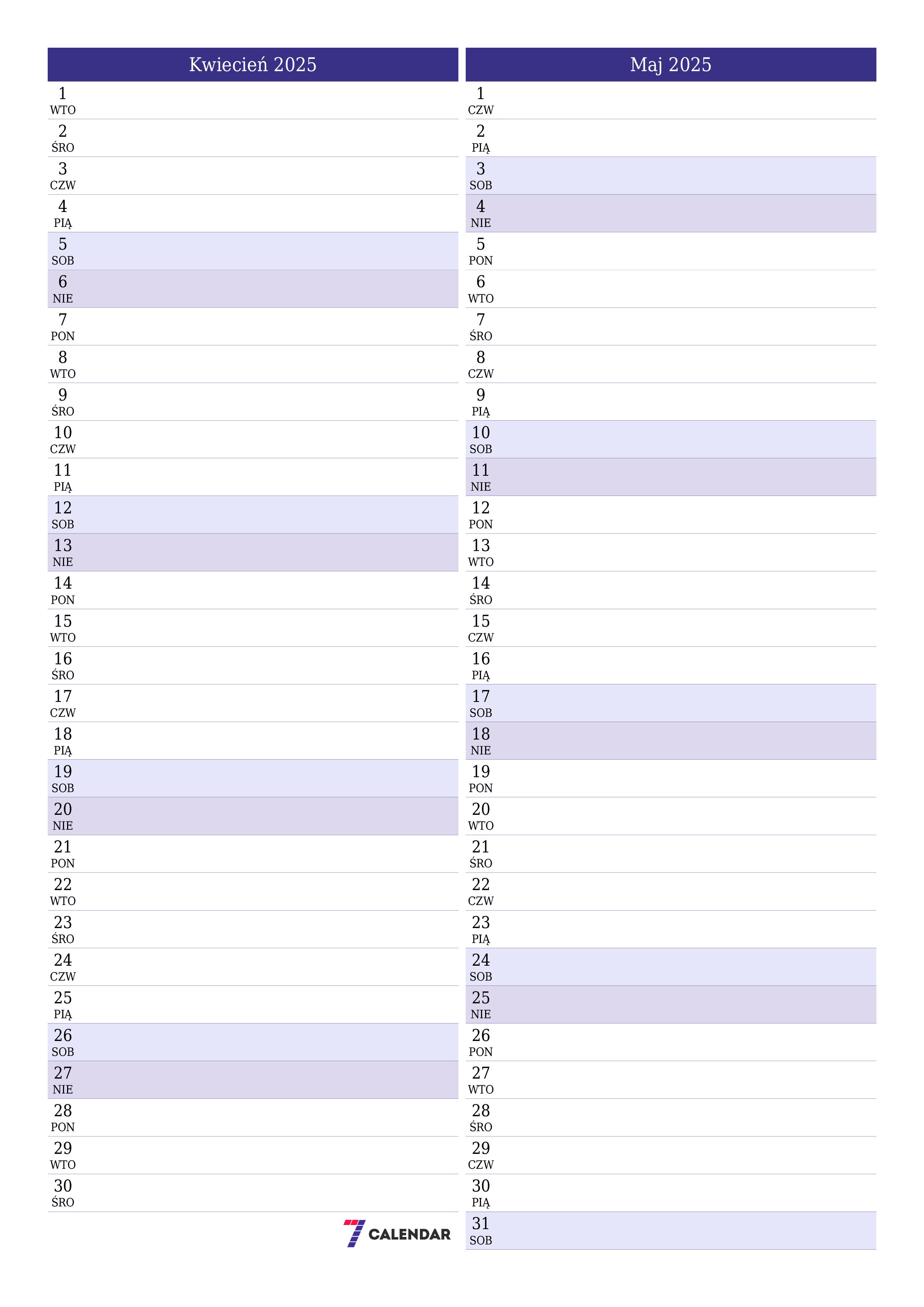 Opróżnij miesięczny planer na miesiąc Kwiecień 2025 z notatkami, zapisz i wydrukuj w formacie PDF PNG Polish