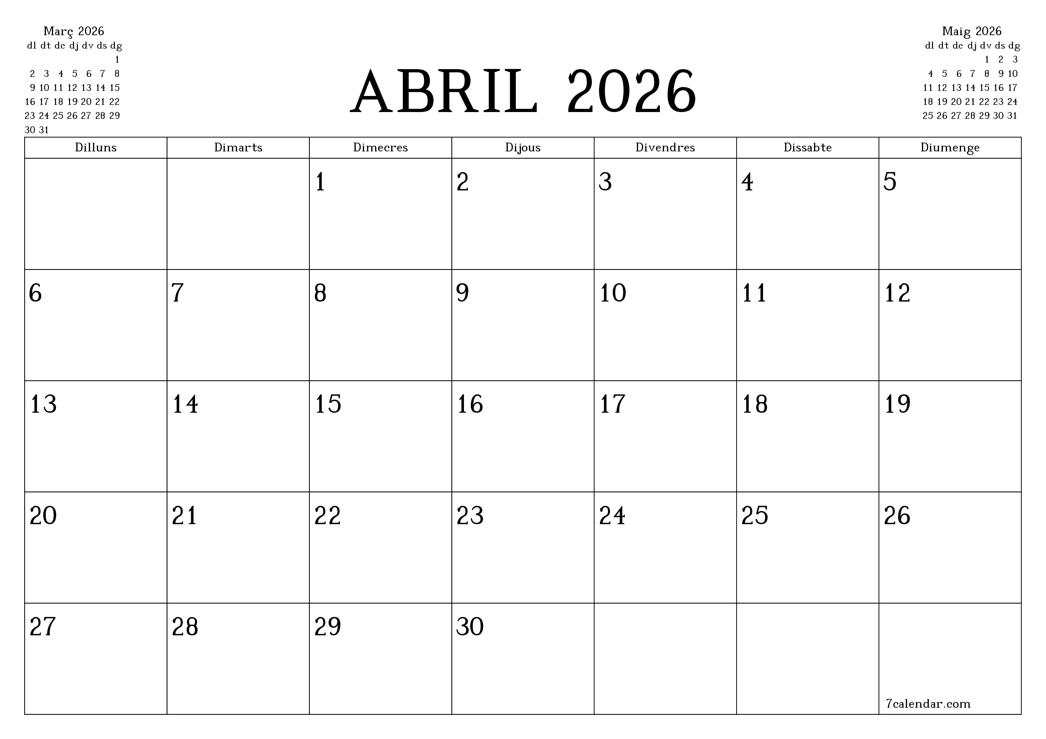 Planificador mensual buit del mes Abril 2026 amb notes, deseu-lo i imprimiu-lo en format PDF PNG Catalan