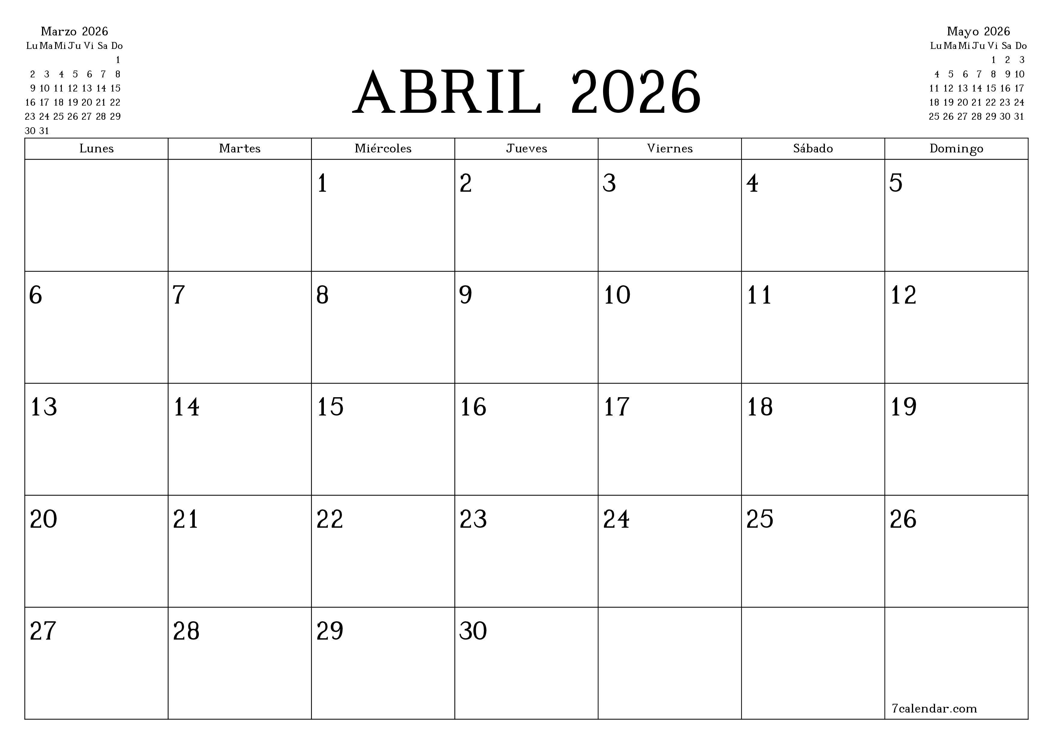 Planificador mensual vacío para el mes Abril 2026 con notas, guardar e imprimir en PDF PNG Spanish