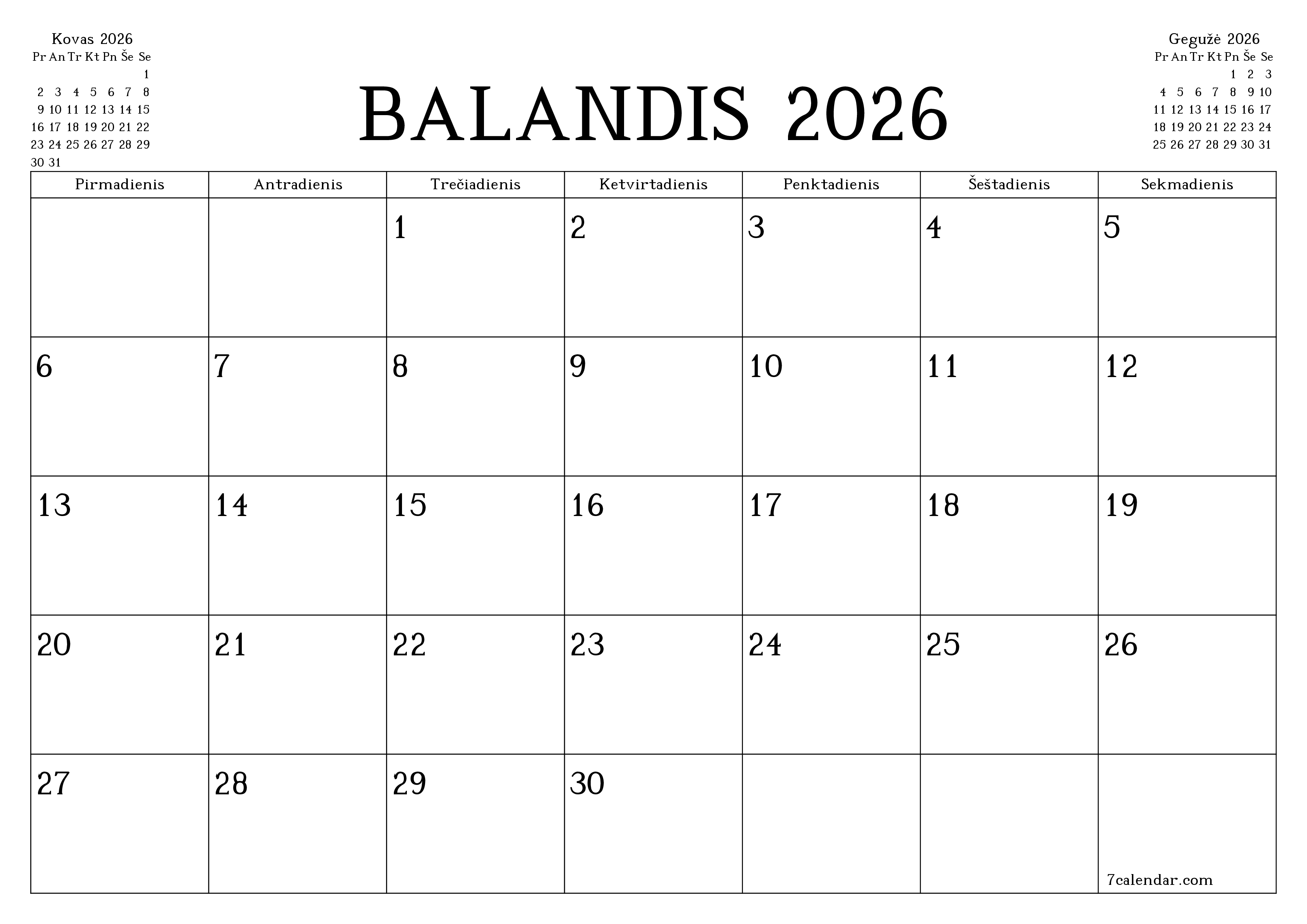 Ištuštinti mėnesio Balandis 2026 mėnesio planavimo priemonę su užrašais, išsaugoti ir atsispausdinti PDF formate PNG Lithuanian