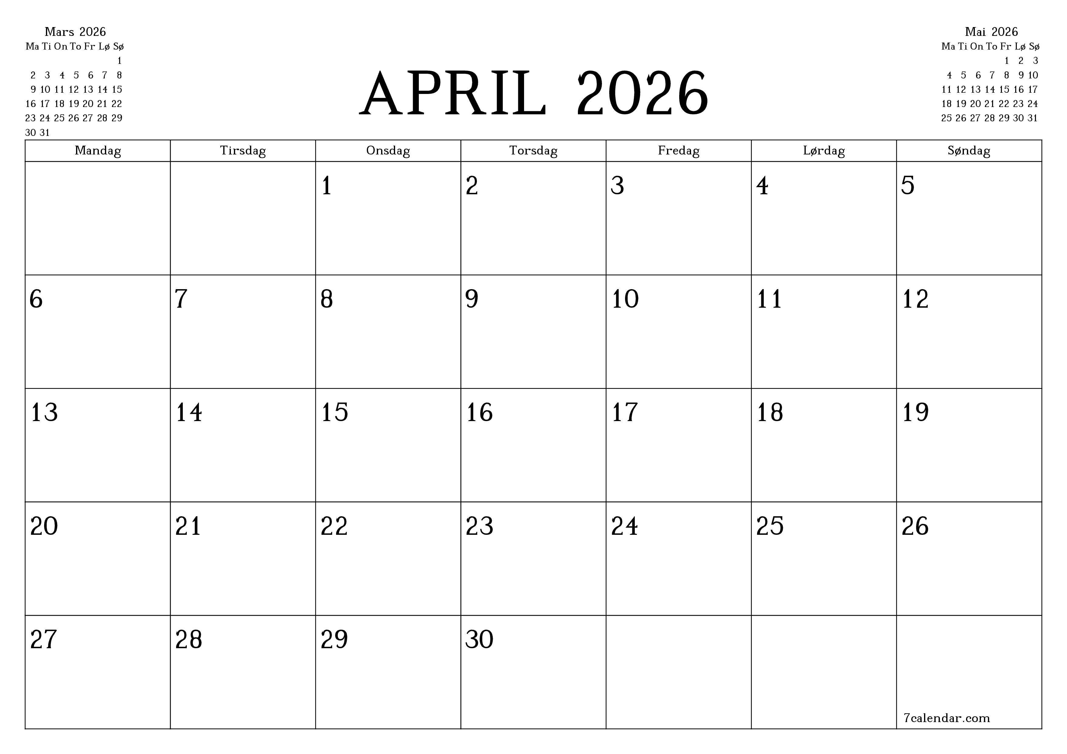 Tom månedlig planlegger for måned April 2026 med notater, lagre og skriv ut til PDF PNG Norwegian